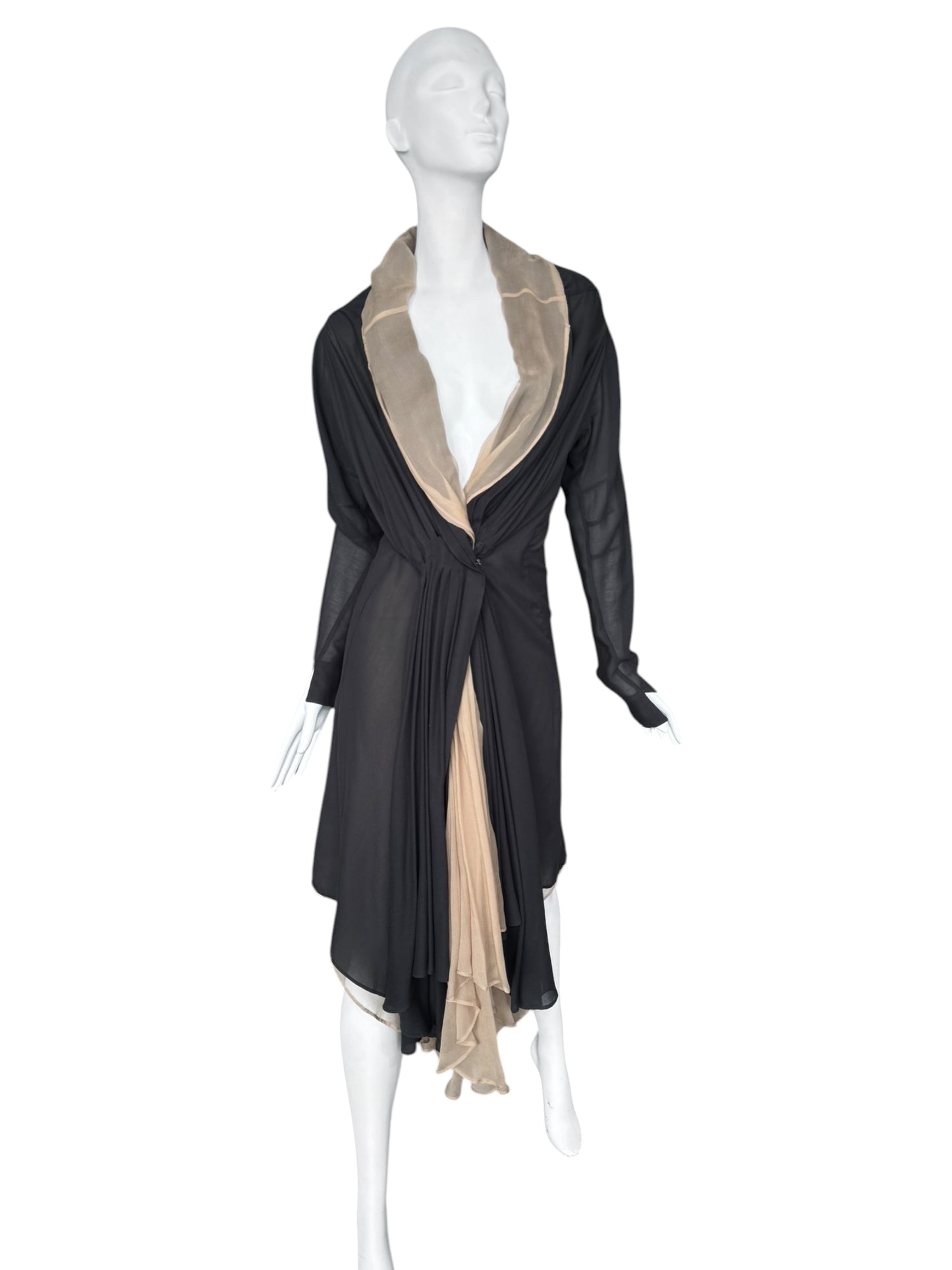 GUSTAVO LINS HAUTE COUTURE SS2009 DARK GREY & BEIGE SILK LAYERED PLEATED MIDI DRESS
