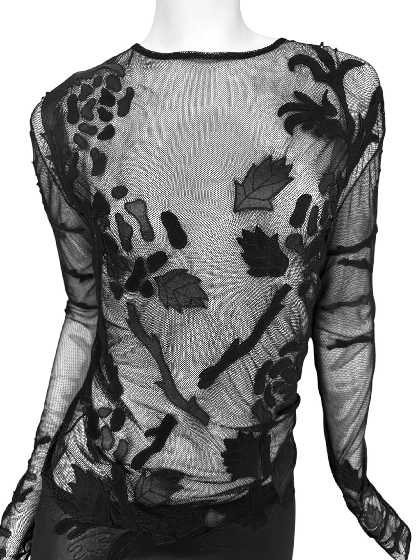JITROIS 2012 BLACK MESH & LEATHER APPLIQUÉ SHEER MINI DRESS