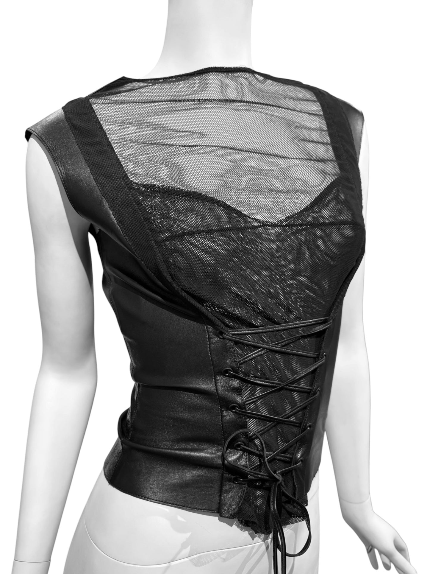 JITROIS 2000s BLACK LEATHER & SILK TULLE LACE-UP TANK TOP