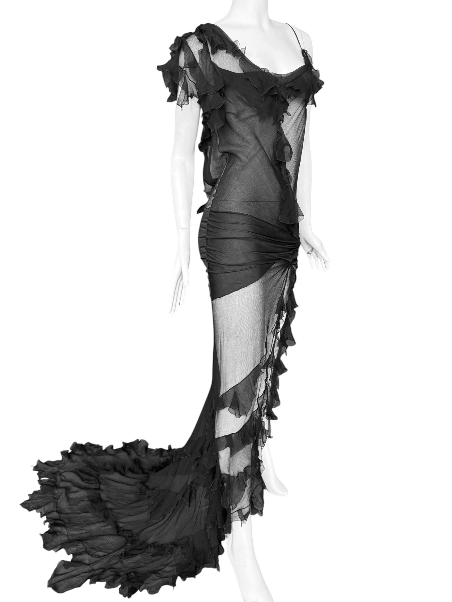 CHRISTIAN DIOR FW2006 BY JOHN GALLIANO BLACK SILK ASYMMETRICAL RUFFLES TRAIN MAXI DRESS