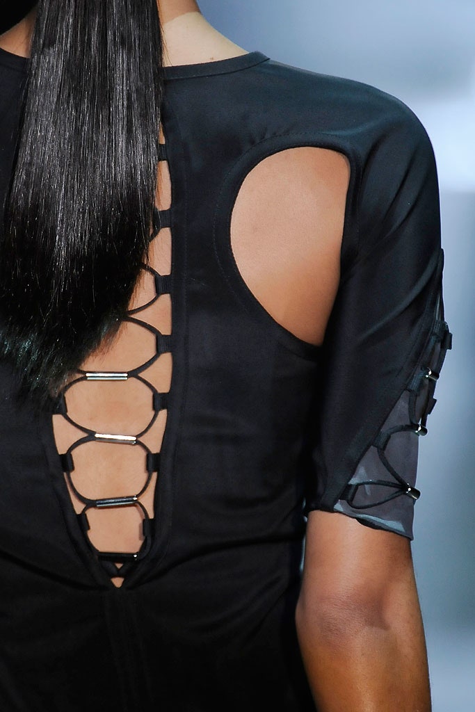 GUCCI SS2010 BY FRIDA GIANNINI BLACK & GREY SILK BLEND CUT-OUT LACE-UP FUTURISTIC MINI DRESS