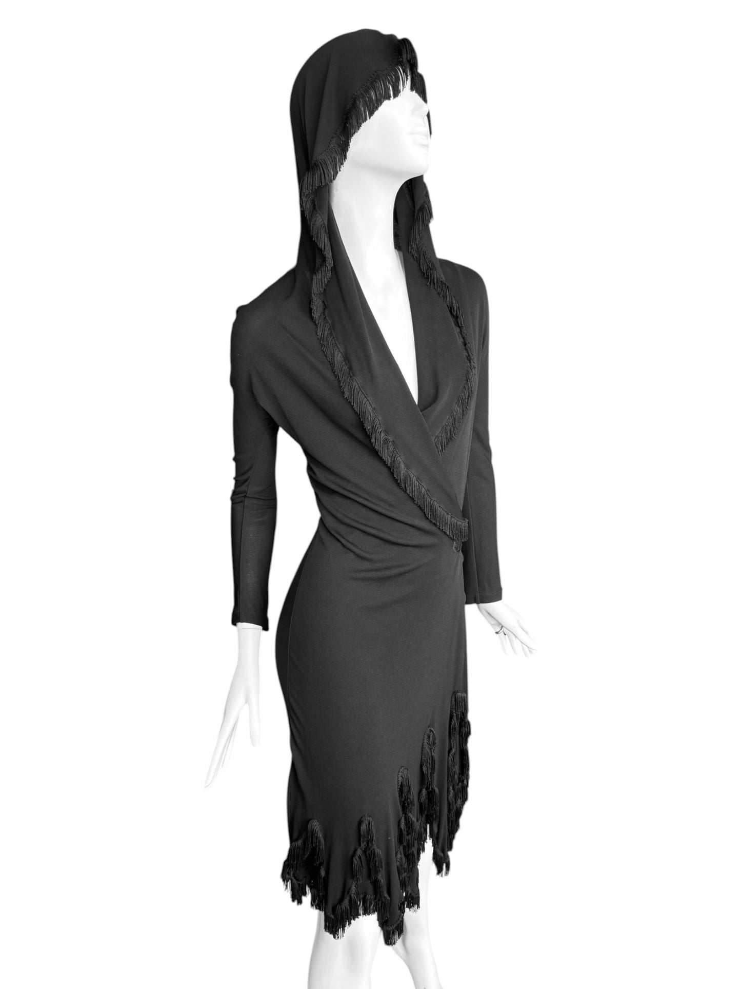 JEAN PAUL GAULTIER 2000s BLACK FRINGES HOODED MIDI DRESS