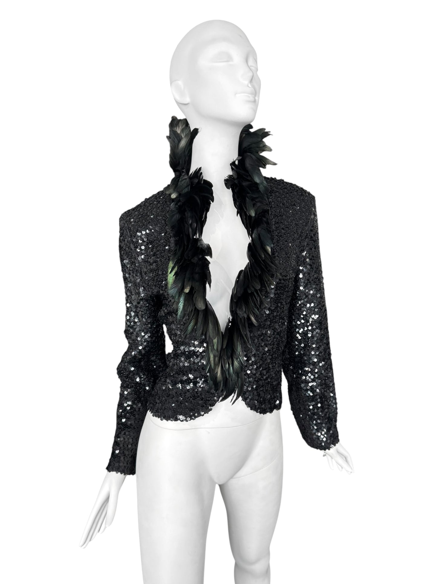 JEAN VARON 1960s BLACK SEQUINS & ROOSTER FEATHERS COLLAR JACKET