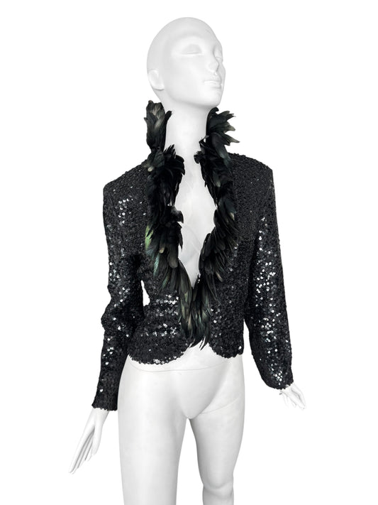 JEAN VARON 1960s BLACK SEQUINS & ROOSTER FEATHERS COLLAR JACKET