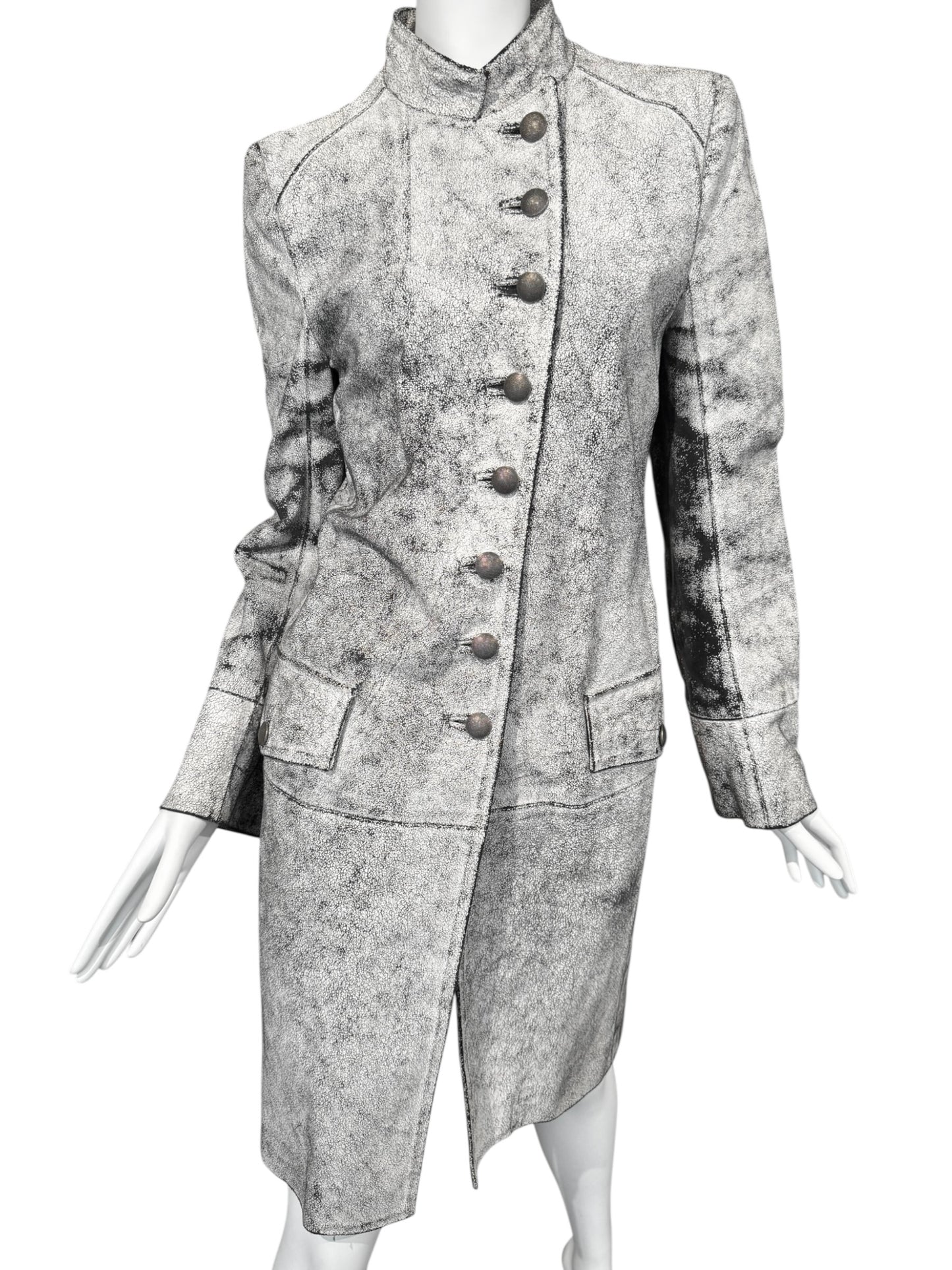 ANN DEMEULEMEESTER SS2002 WHITE CRACKED LEATHER COAT