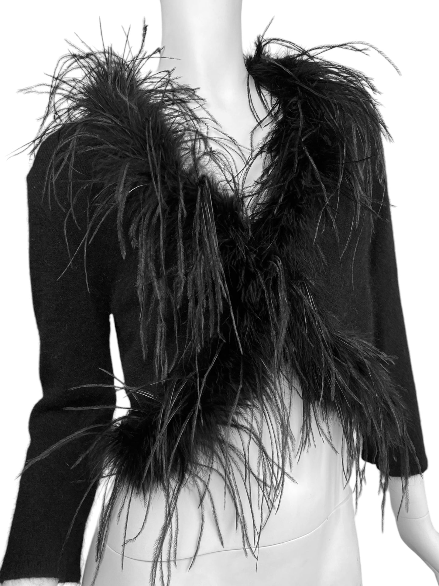 2000s BLACK ANGORA OSTRICH FEATHERS CARDIGAN