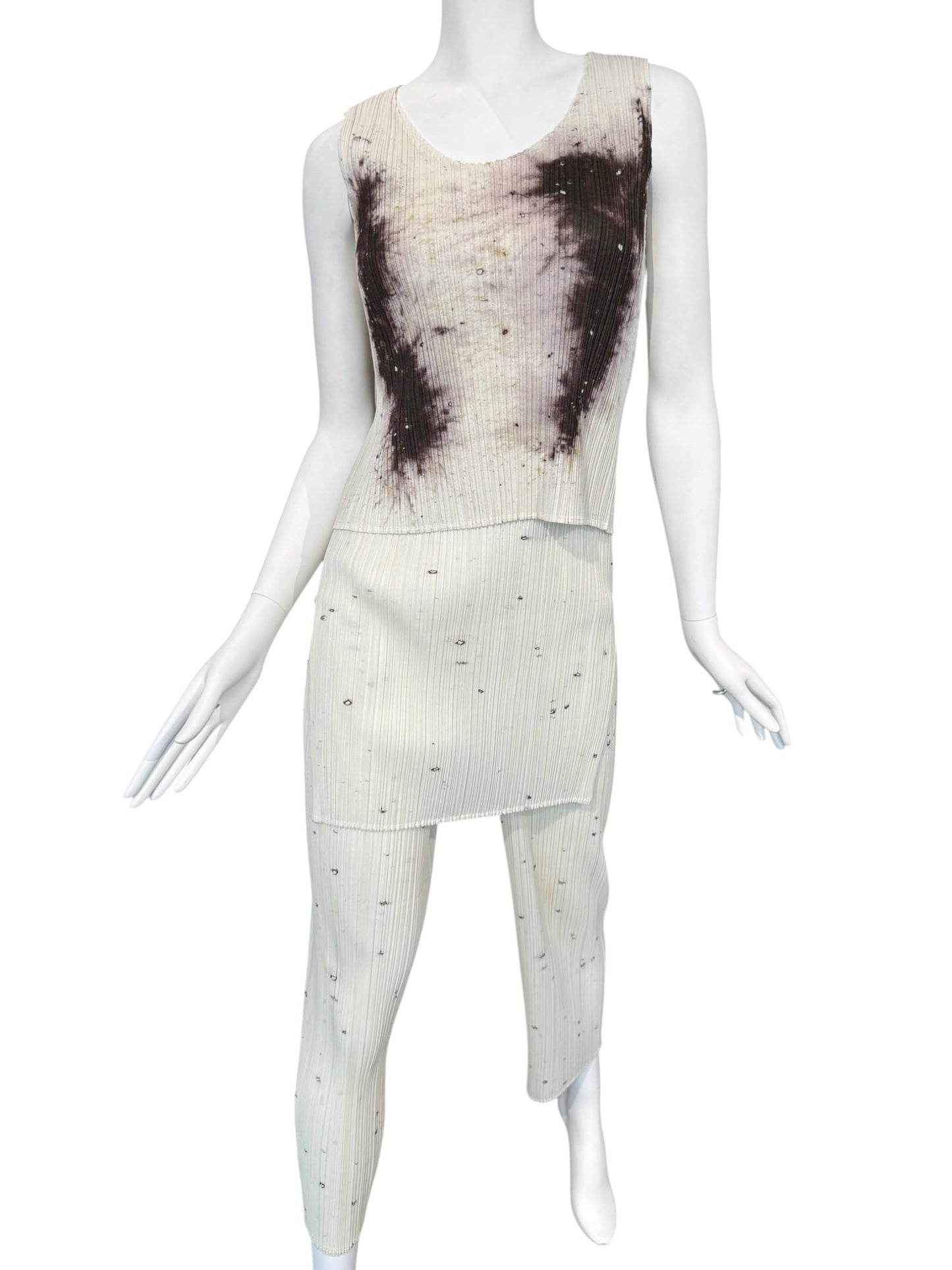 PLEATS PLEASE ISSEY MIYAKE 1998 X CAI GUO-QIANG GUNPOWDER PRINT PLEATED 3P. SET (TOP, PANTS & TUNIC)