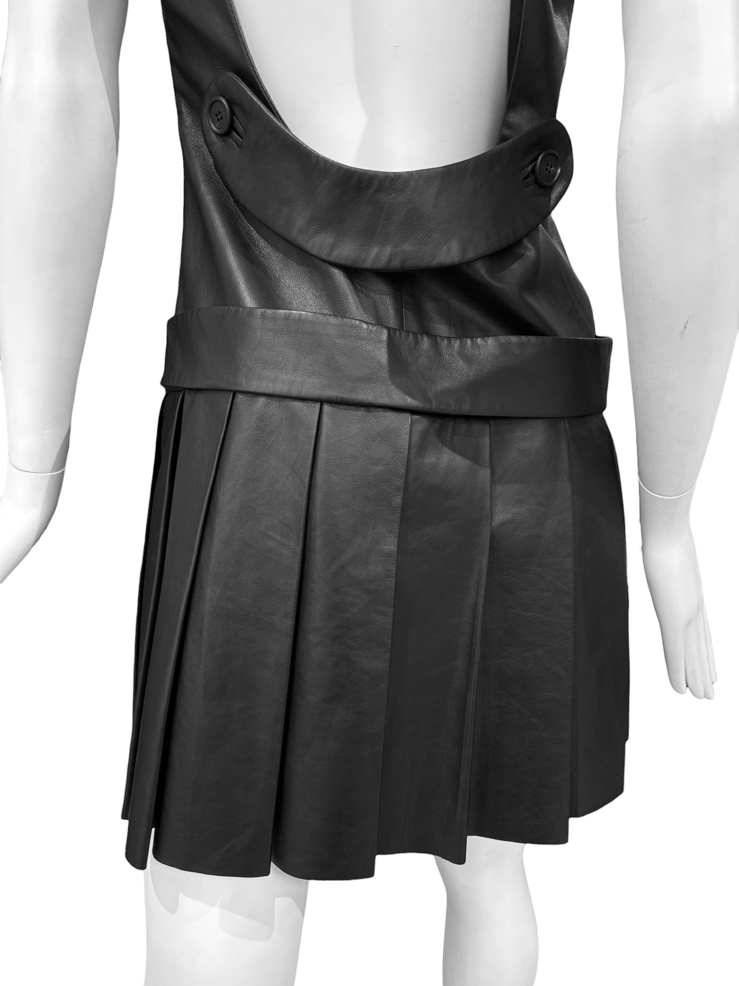 SIMONETTA RAVIZZA 2000s BLACK LEATHER OPEN BACK PLEATED MINI DRESS