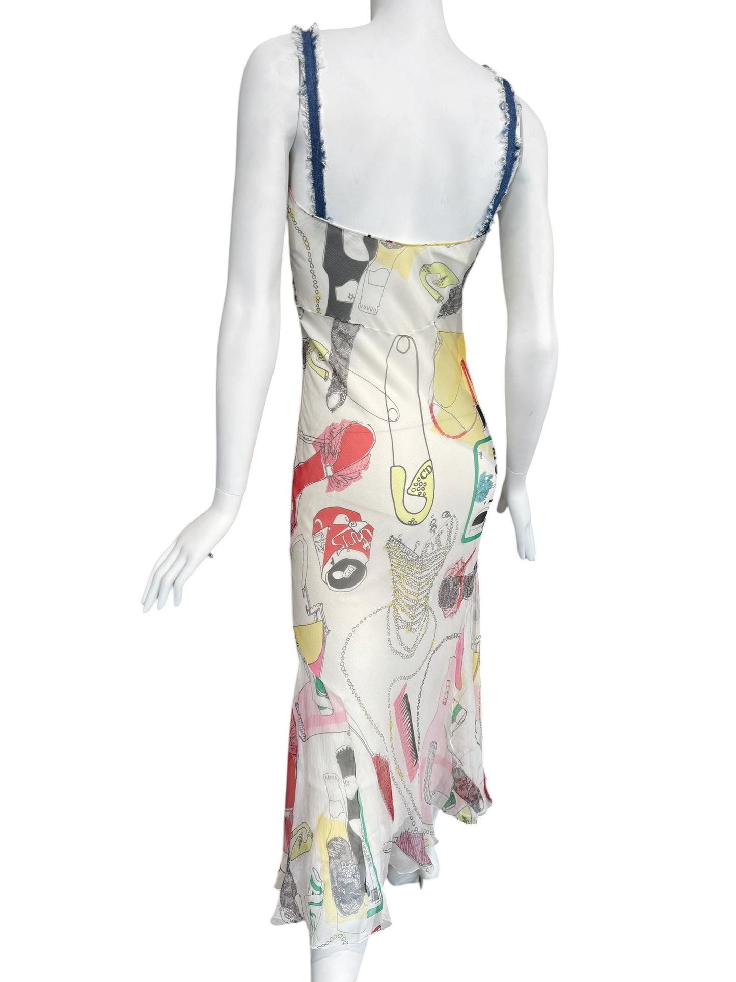 DIOR SS2001 BY JOHN GALLIANO OFF-WHITE SILK KITSCH PRINT MAXI DRESS