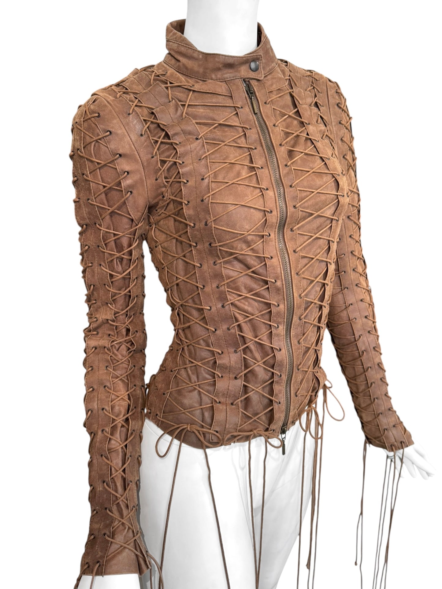 PLEIN SUD FW2002 BROWN LEATHER LACE-UP CAGE JACKET