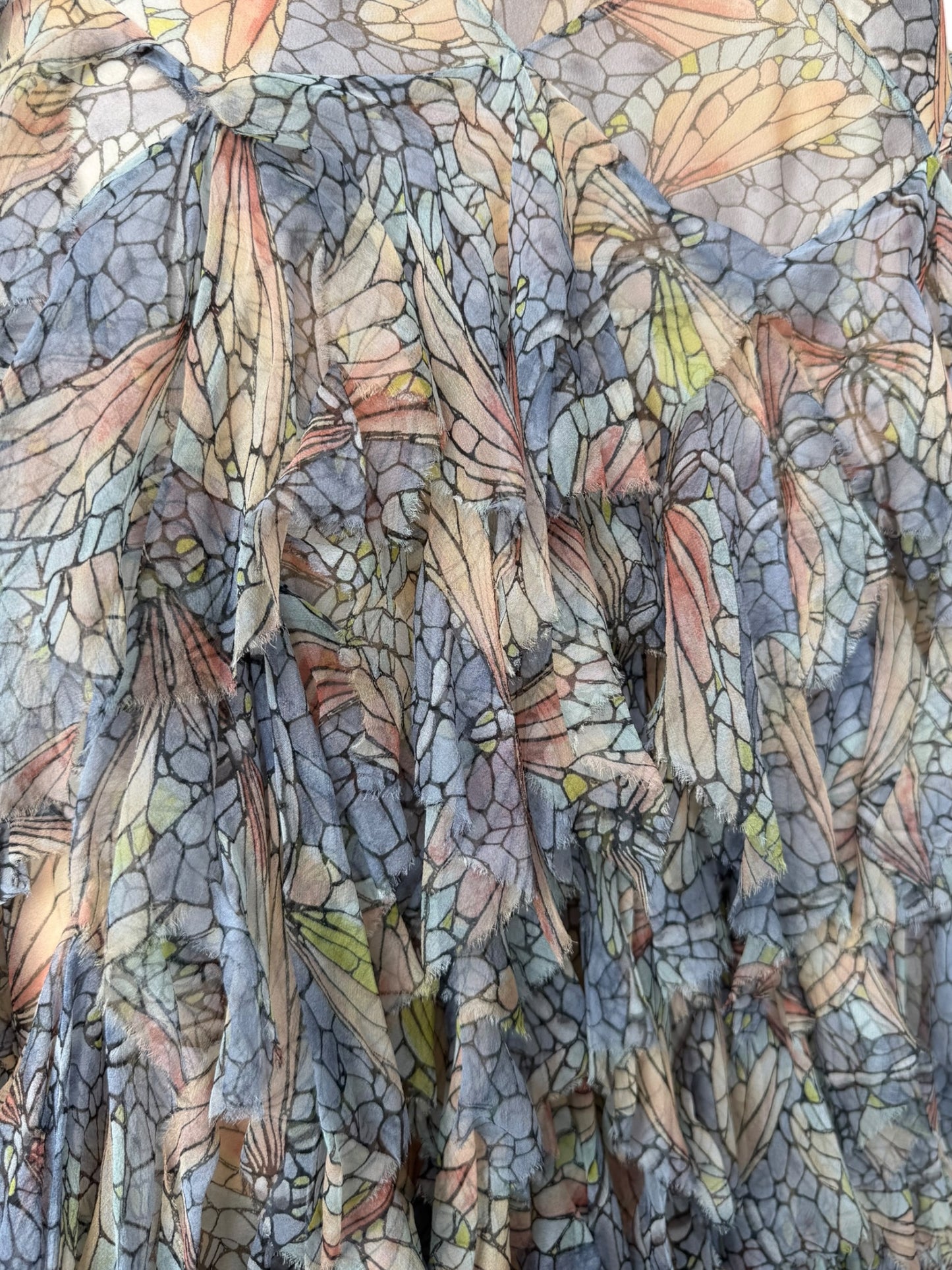 ALEXANDER MCQUEEN SS2004 ‘DELIVERANCE’ SILK STAINED GLASS BUTTERFLY PRINT RUFFLES MAXI DRESS
