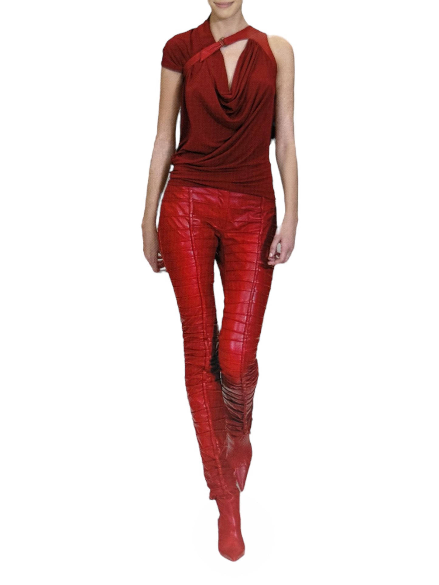 FAYÇAL AMOR SS2004 RED LAMB LEATHER DARTED PANTS