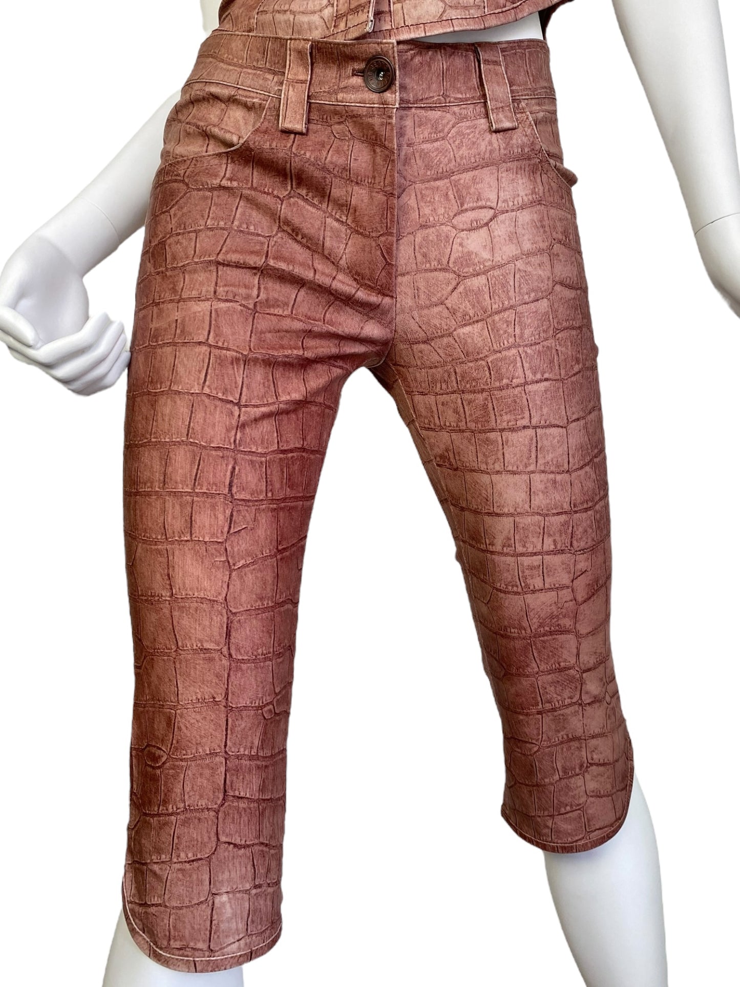 PLEIN SUD JEANS 2000s COPPER LEATHER CROCODILE EMBOSSED 2p. SET (CORSET + CAPRI PANTS)