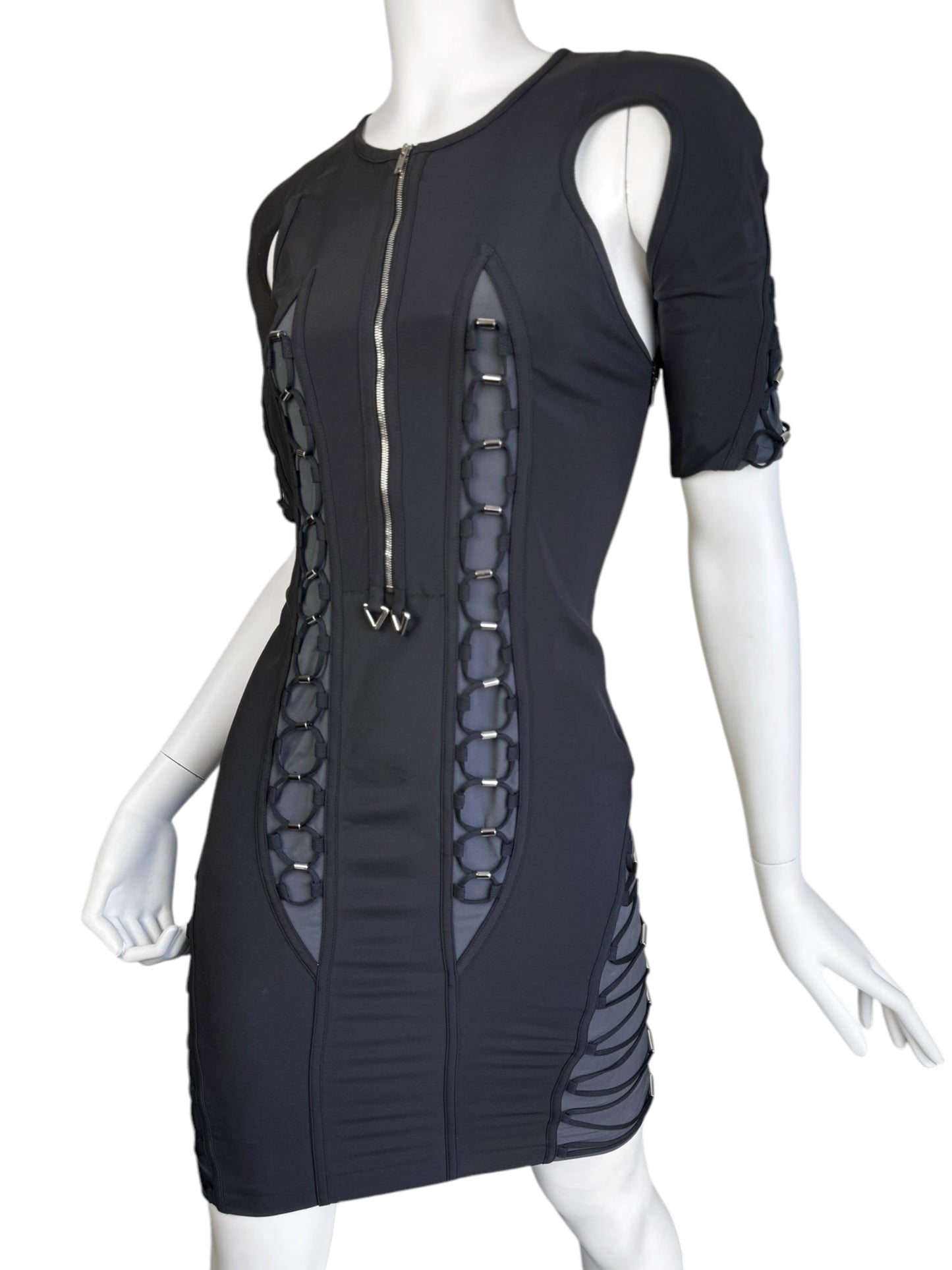 GUCCI SS2010 BY FRIDA GIANNINI BLACK & GREY SILK BLEND CUT-OUT LACE-UP FUTURISTIC MINI DRESS