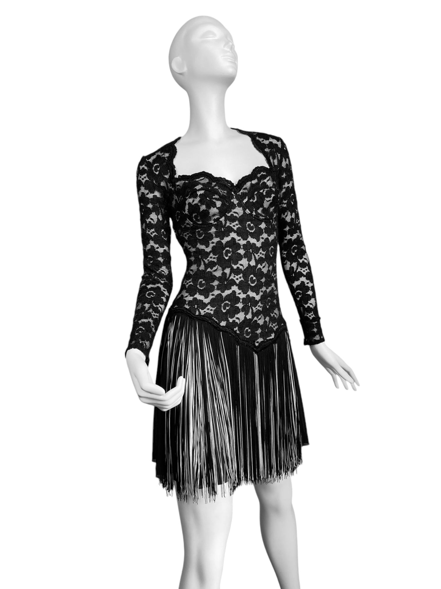 ANGELO TARLAZZI 2000s BLACK LACE FRINGES MINI DRESS