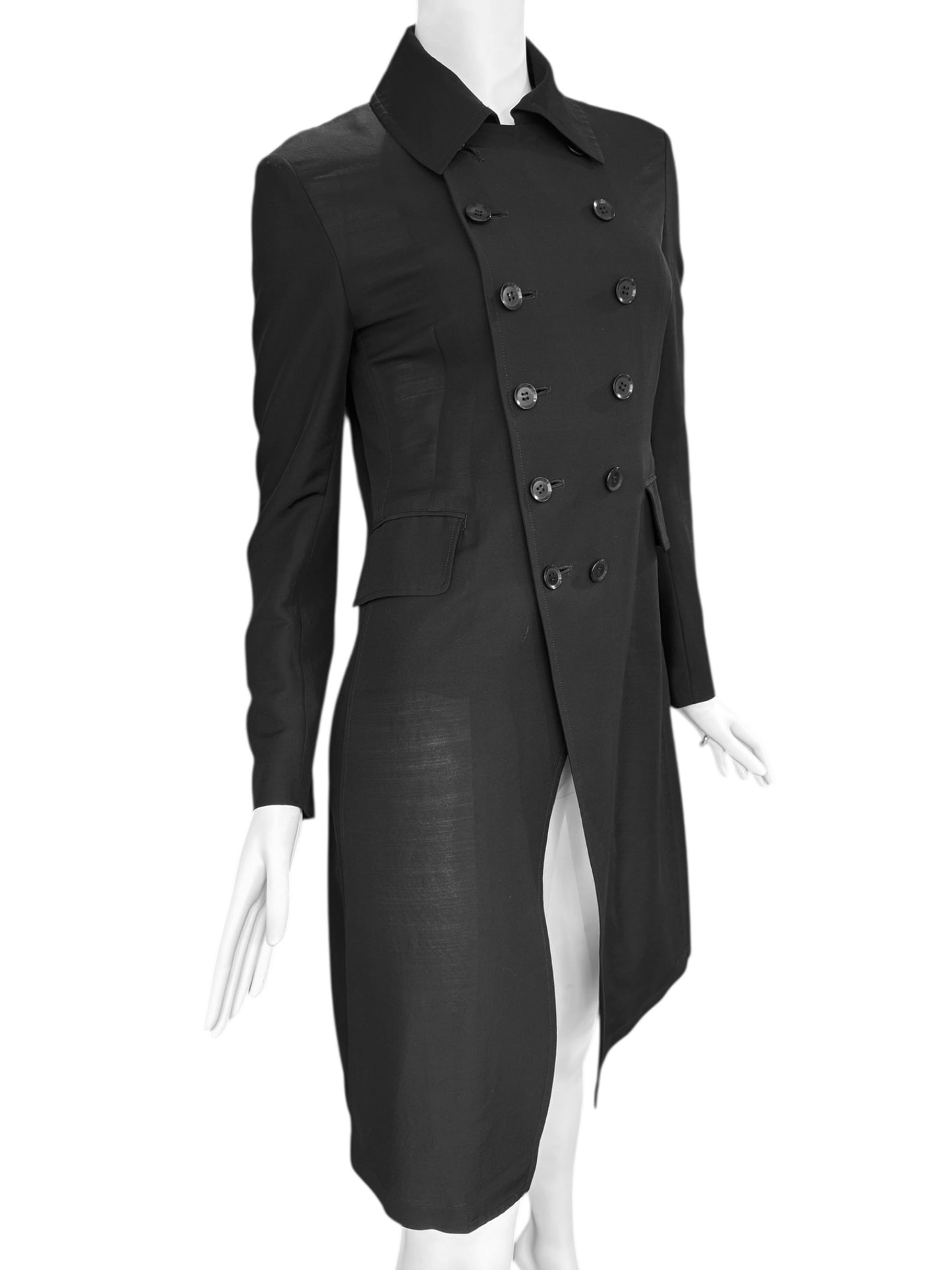 Y’S YOHJI YAMAMOTO SS2010 BLACK WOOL & SILK DOUBLE BREASTED LIGHTWEIGHT COAT