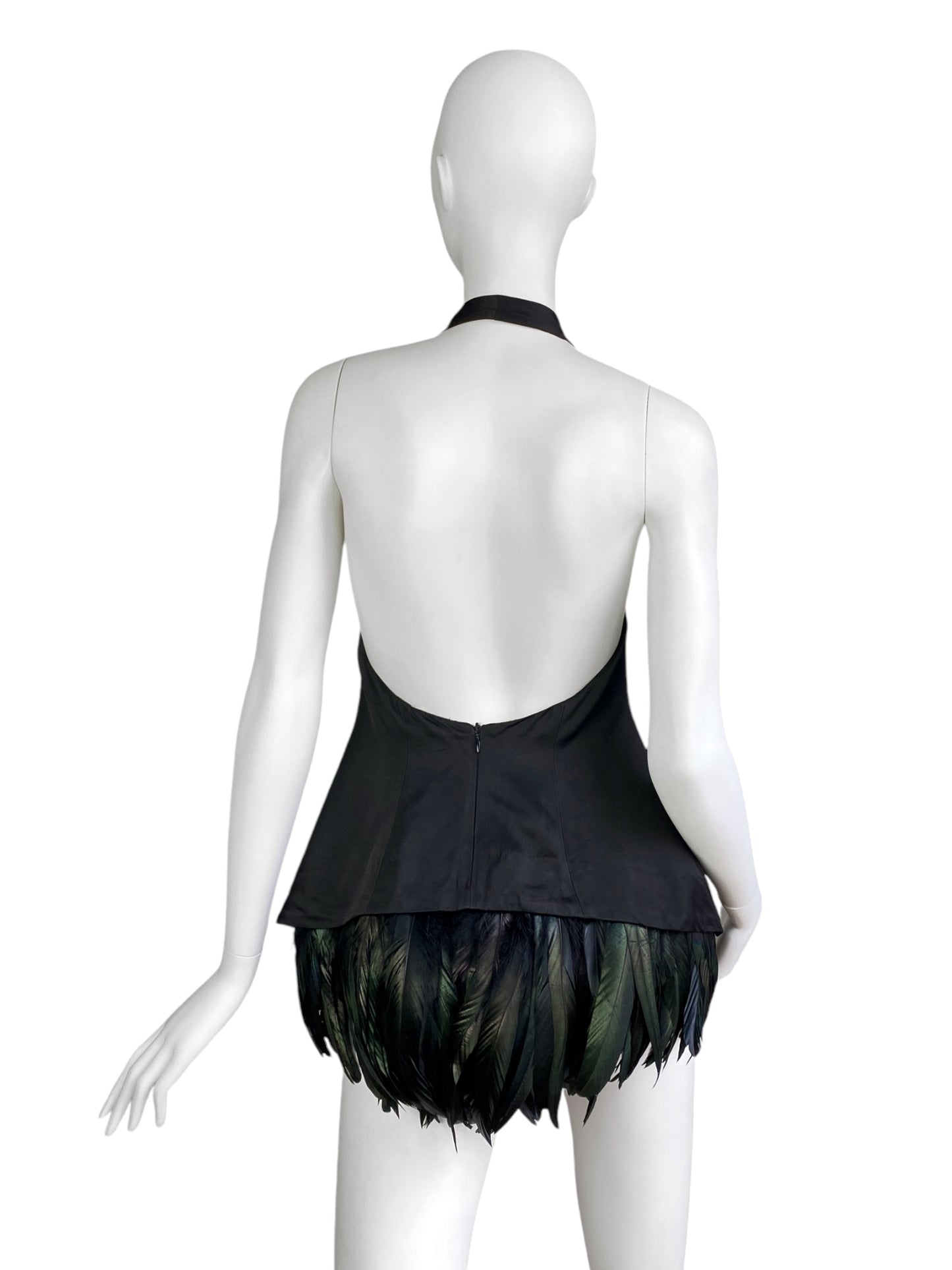 DICE KAYEK 2010s DARK GREEN ROOSTER FEATHERS BLACK HALTERNECK TOP/MINI DRESS