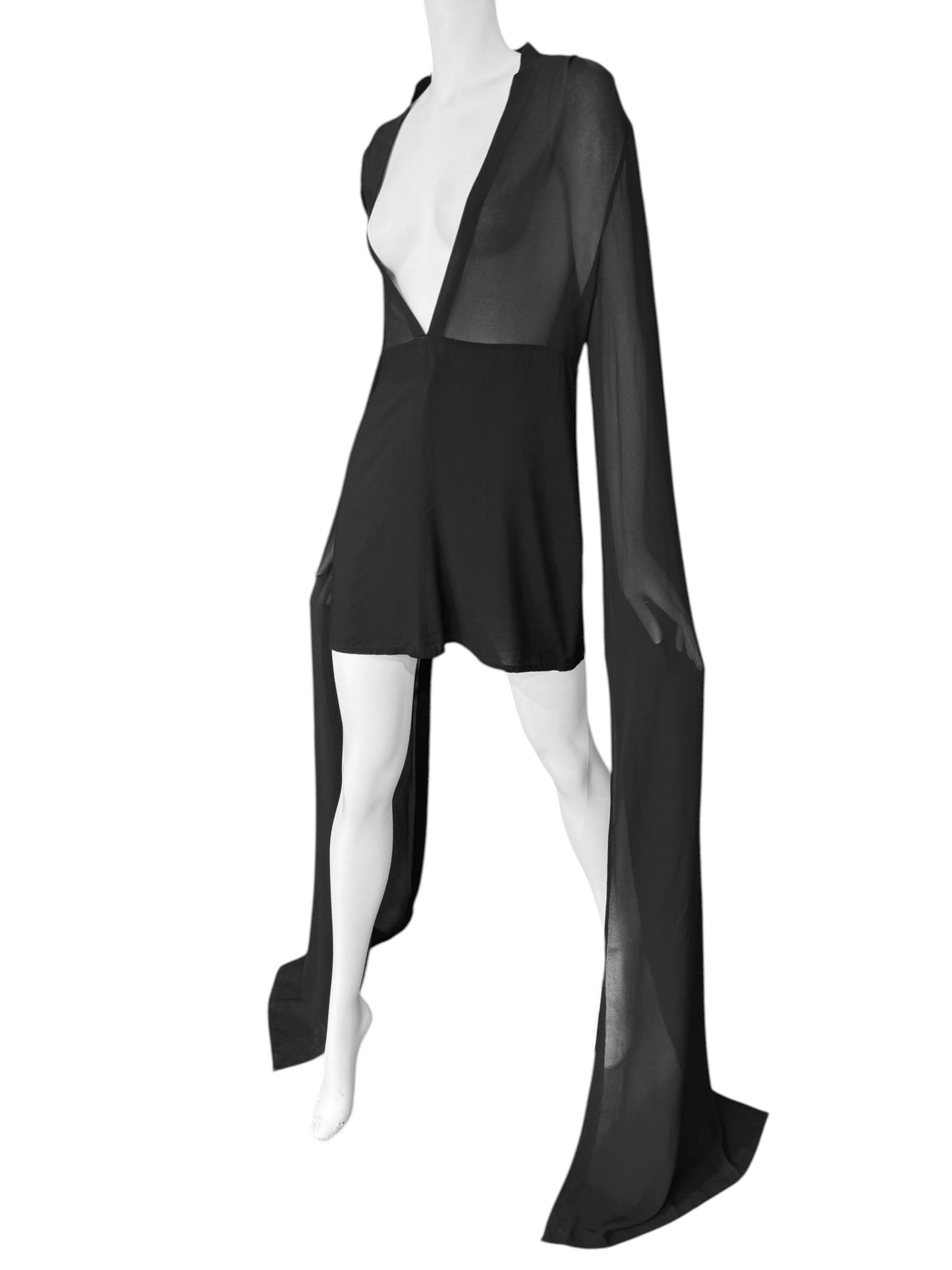 ANN DEMEULEMEESTER SS2013 BLACK SILK MAXI SLEEVES MINI DRESS