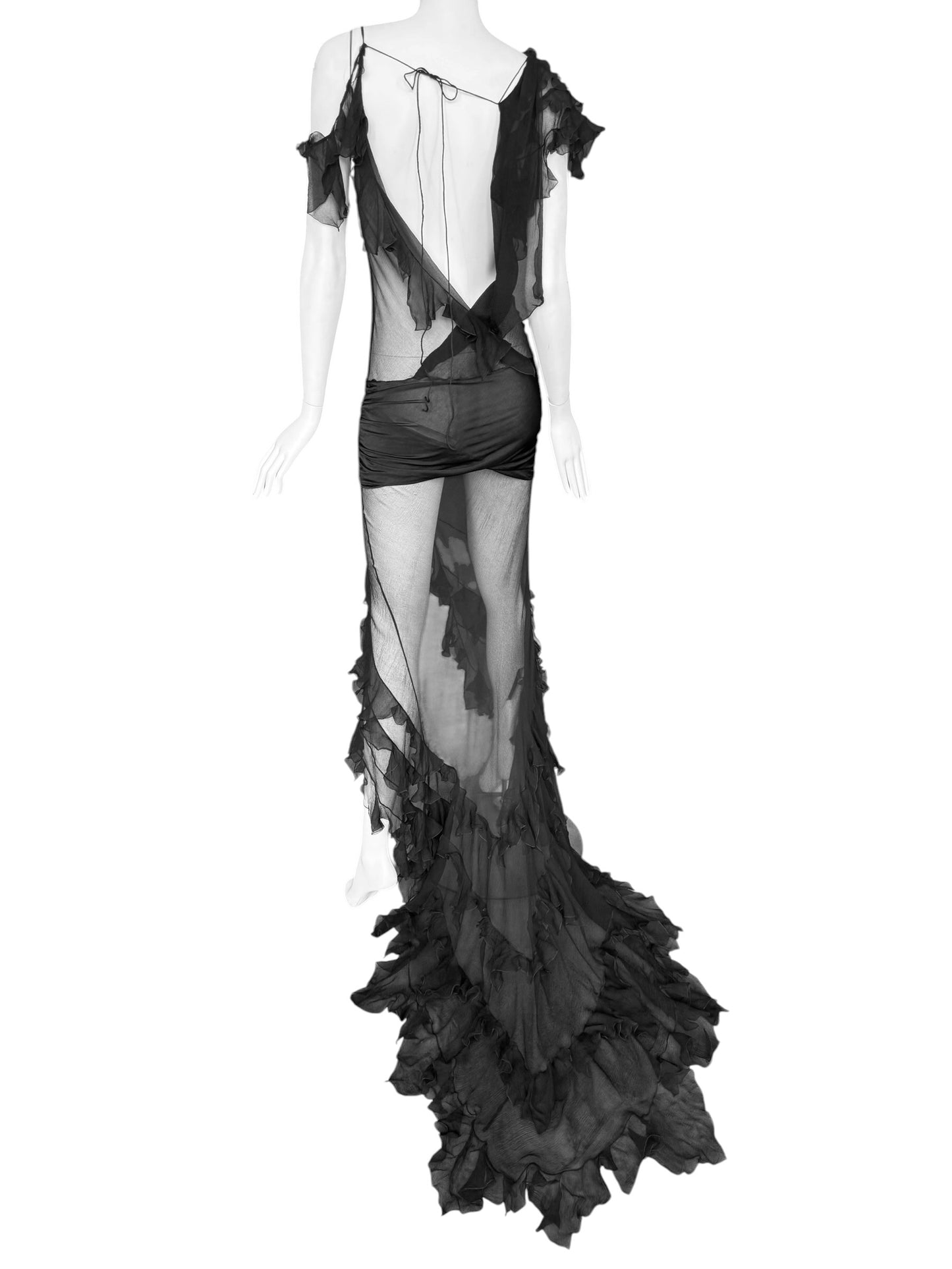 CHRISTIAN DIOR FW2006 BY JOHN GALLIANO BLACK SILK ASYMMETRICAL RUFFLES TRAIN MAXI DRESS