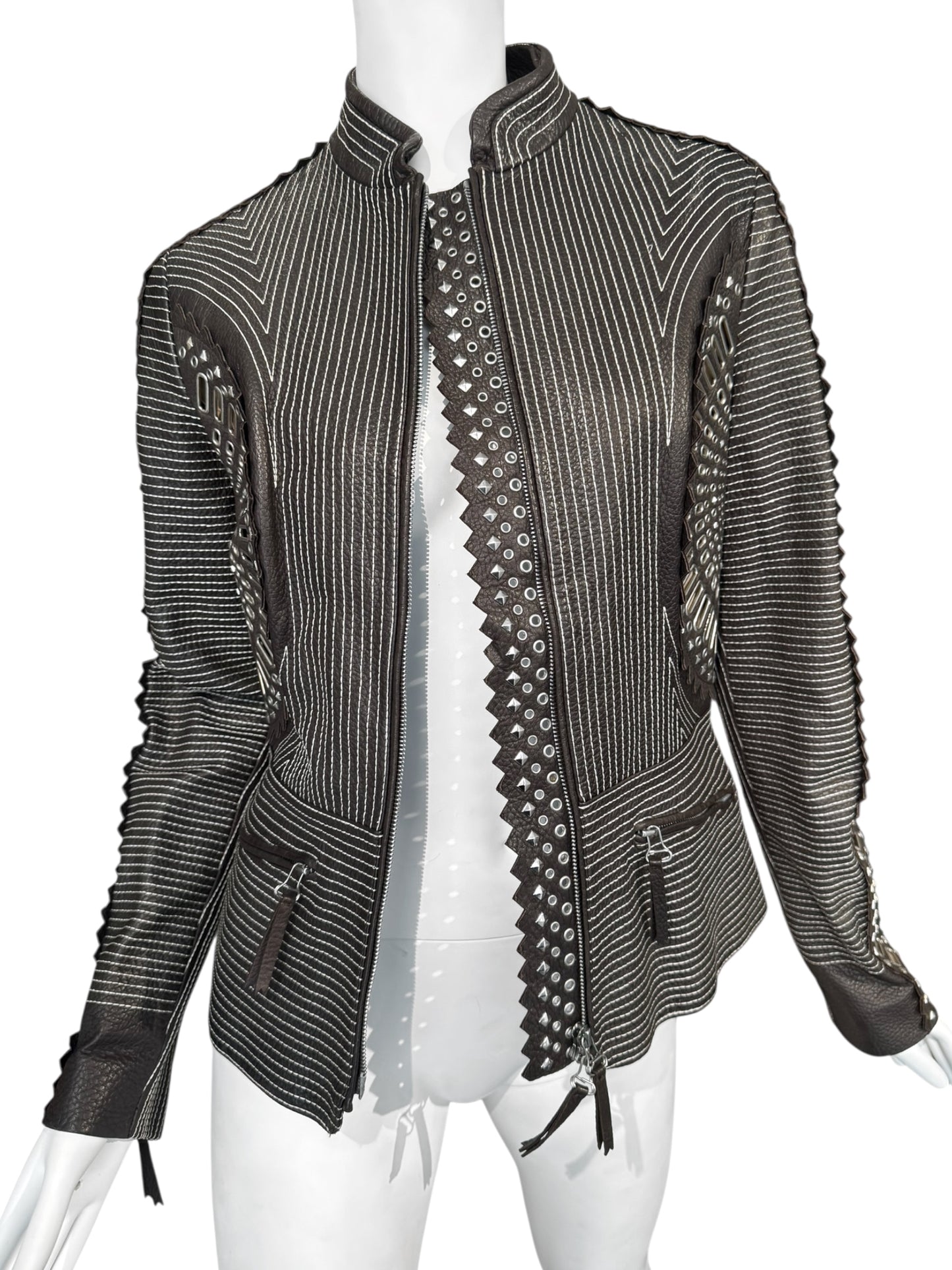 GIANFRANCO FERRE SS2004 DARK BROWN LEATHER GROMMET & STUD EMBELLISHED JACKET