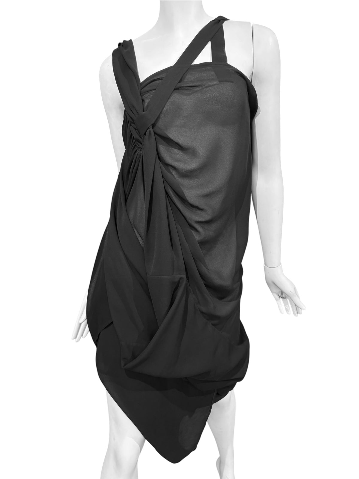 JUNYA WATANABE FW2009 BLACK SHEER ASYMMETRICAL DRAPED MIDI DRESS