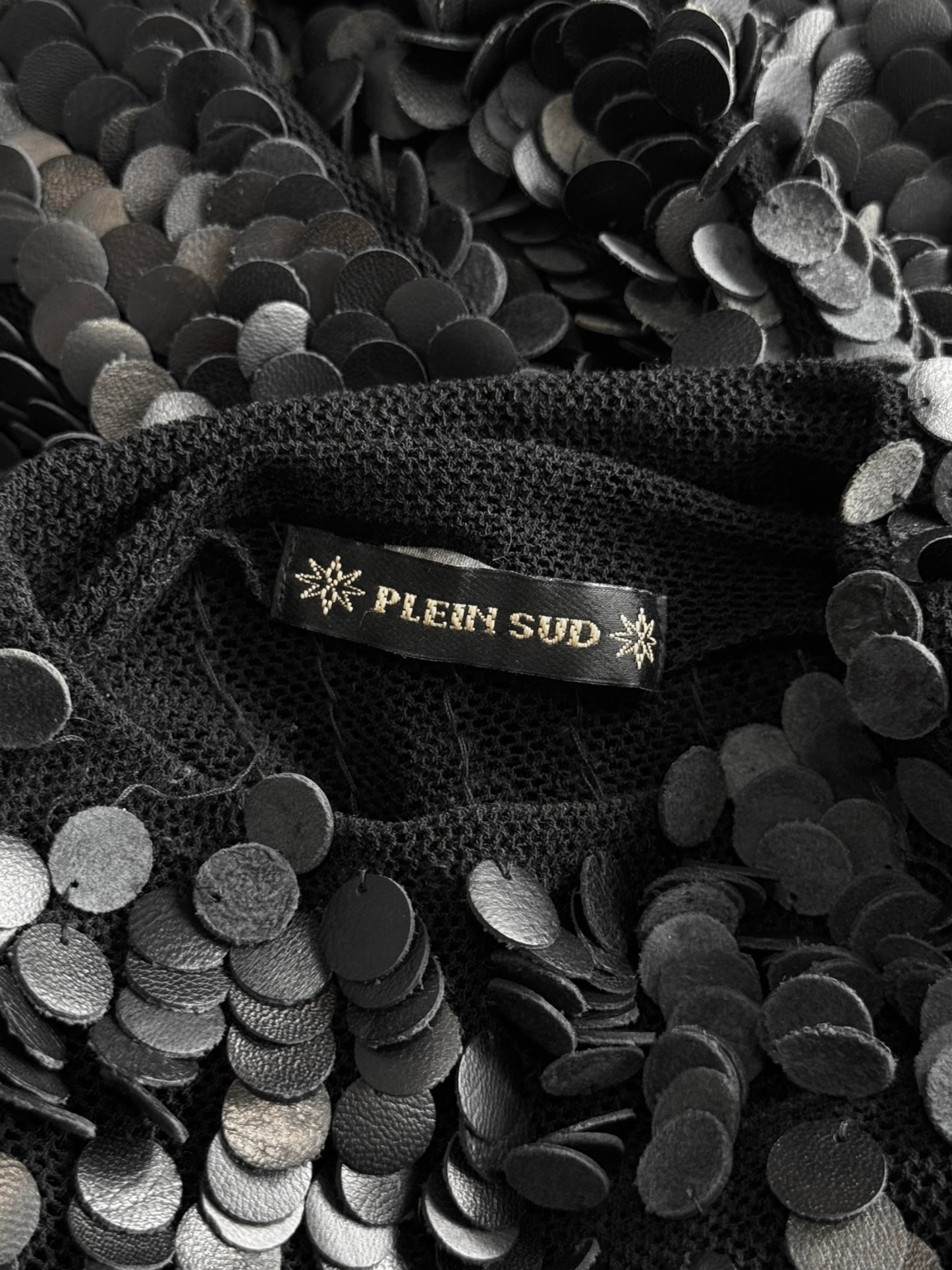 PLEIN SUD FW2001 BLACK LEATHER EMBROIDERED SWEATER