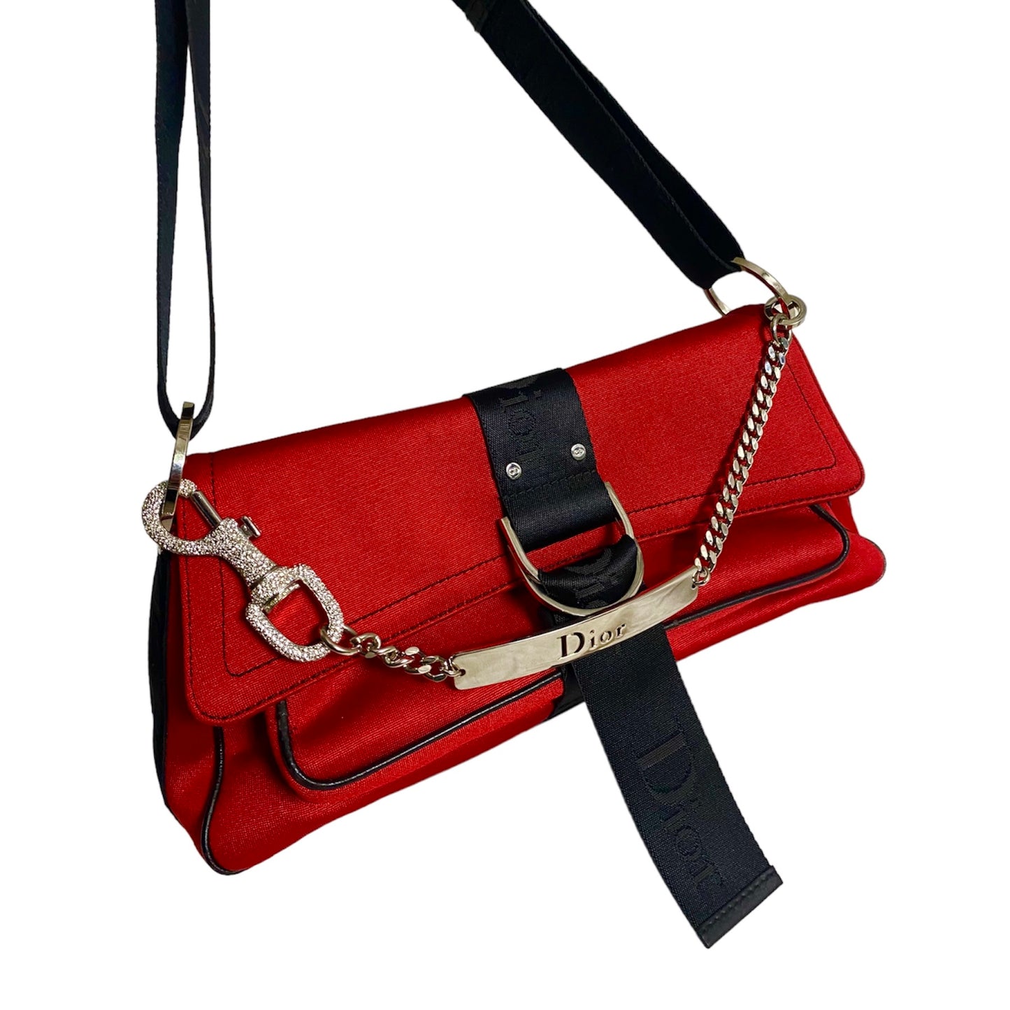 DIOR FW2003 BY GALLIANO RED SATIN HARDCORE SHOULDER BAG