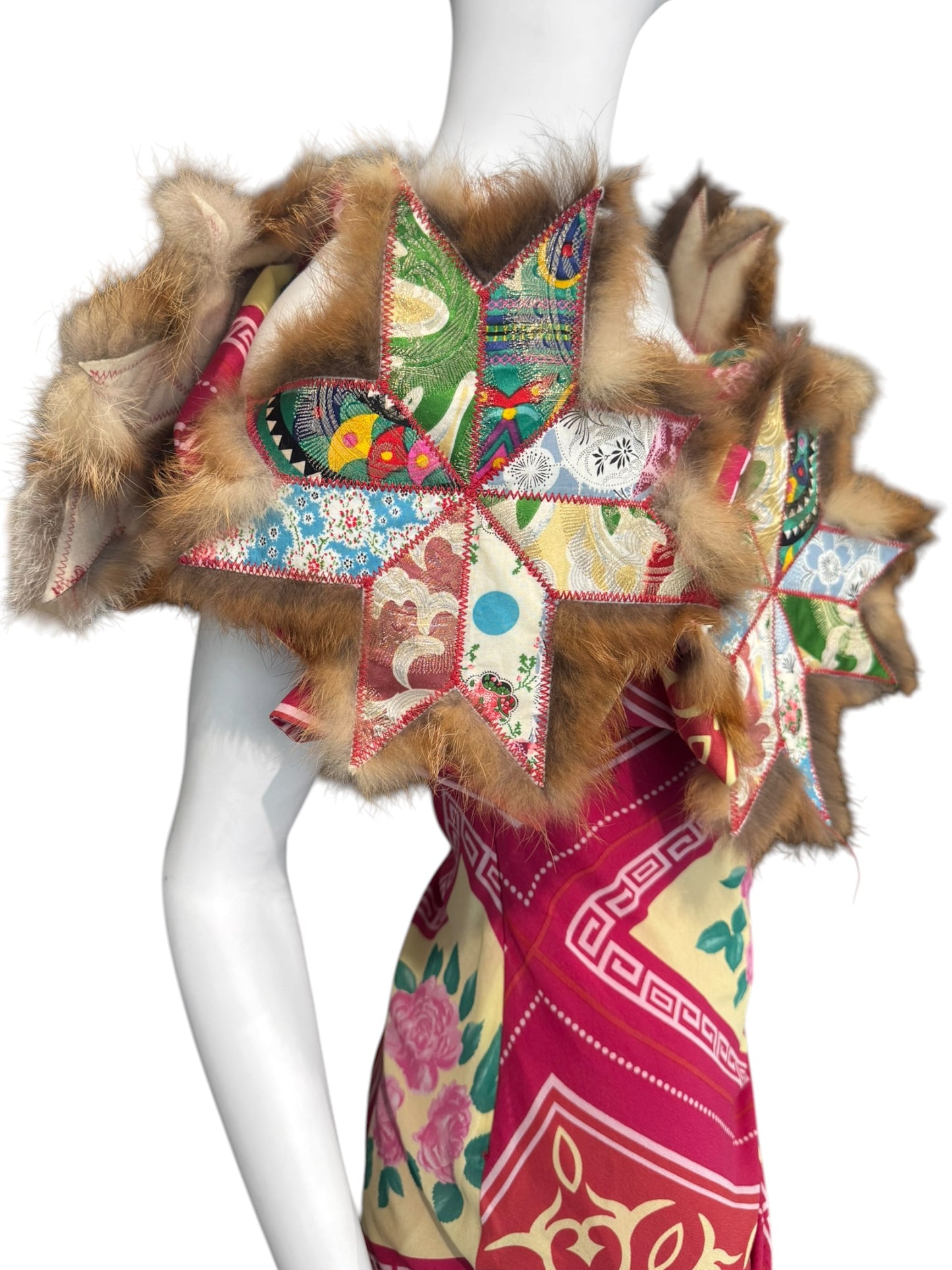 JOHN GALLIANO FW2002 PINK SILK & FUR FOLKLORIC FLORAL PRINT MIDI DRESS