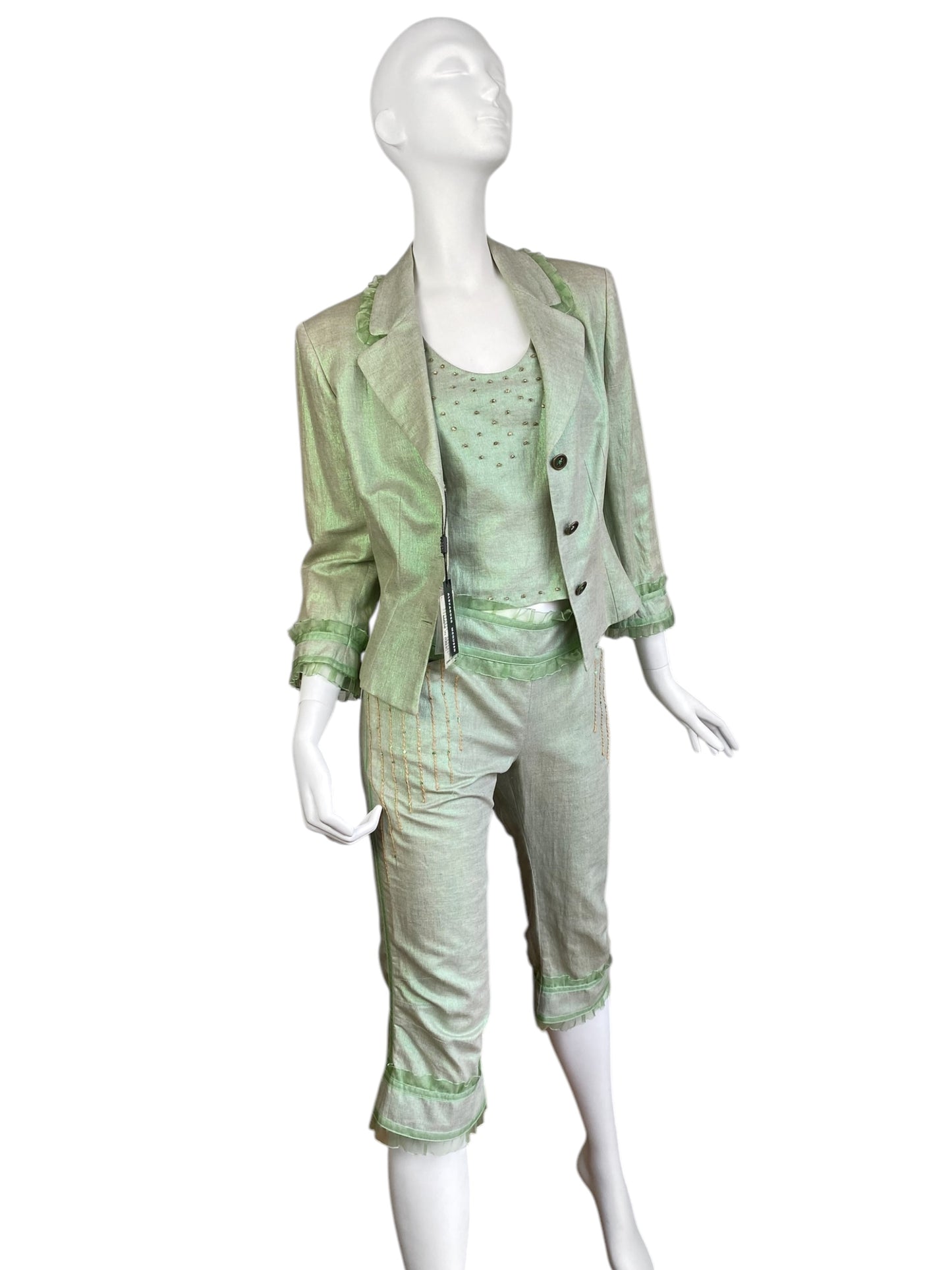 ALEXANDER MCQUEEN C.1995-1996 LIGHT GREEN 3P. SET (TOP + BLAZER + CAPRI PANTS)