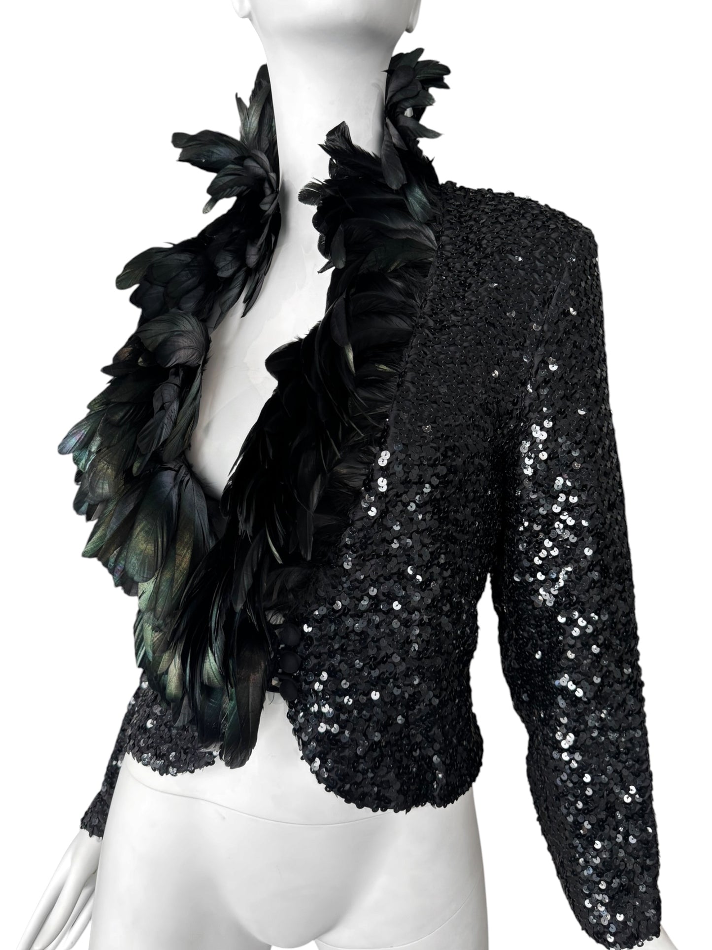 JEAN VARON 1960s BLACK SEQUINS & ROOSTER FEATHERS COLLAR JACKET