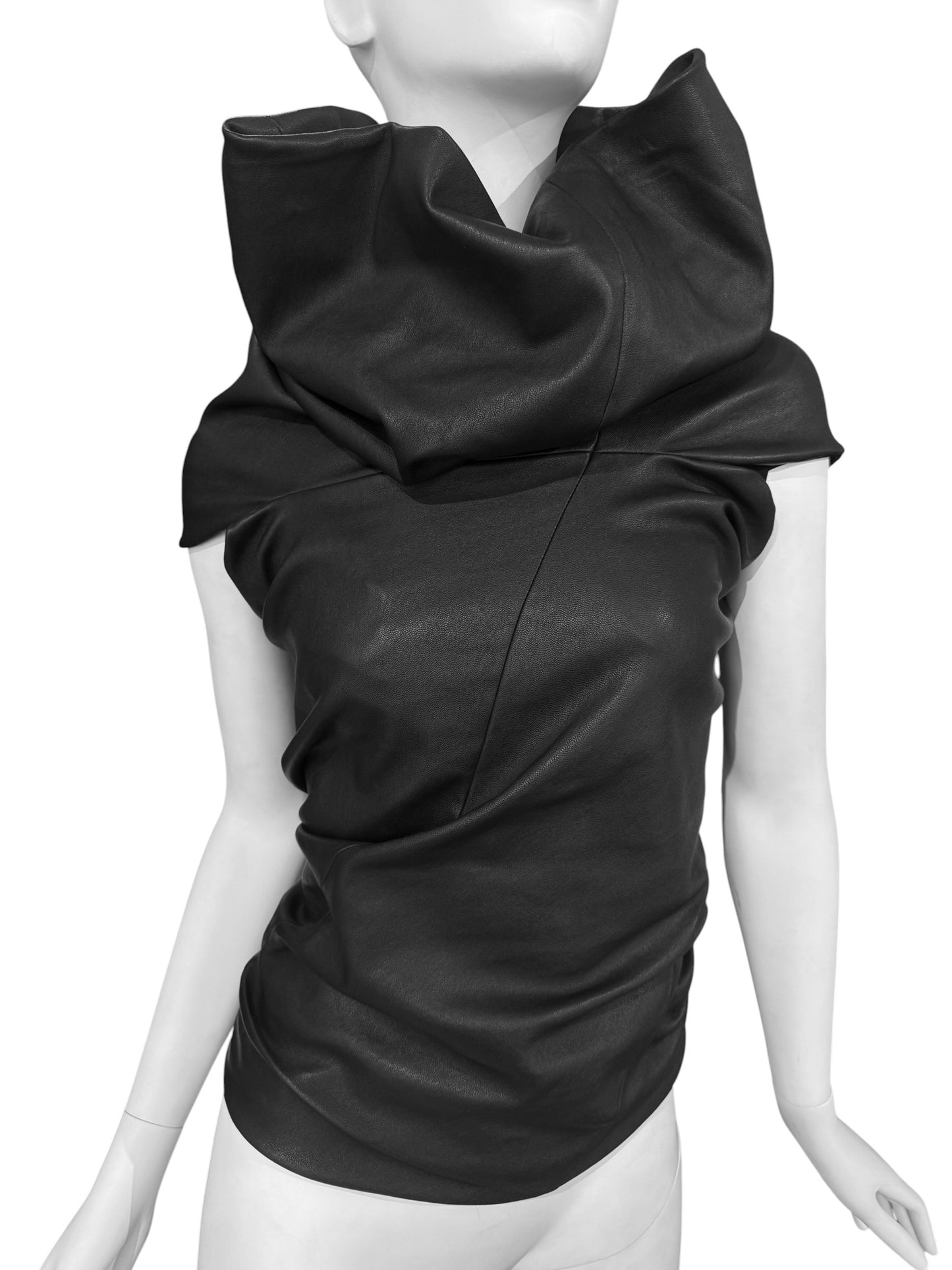 RICK OWENS SS2024 «LIDO» BLACK LEATHER DRAPED TANK TOP