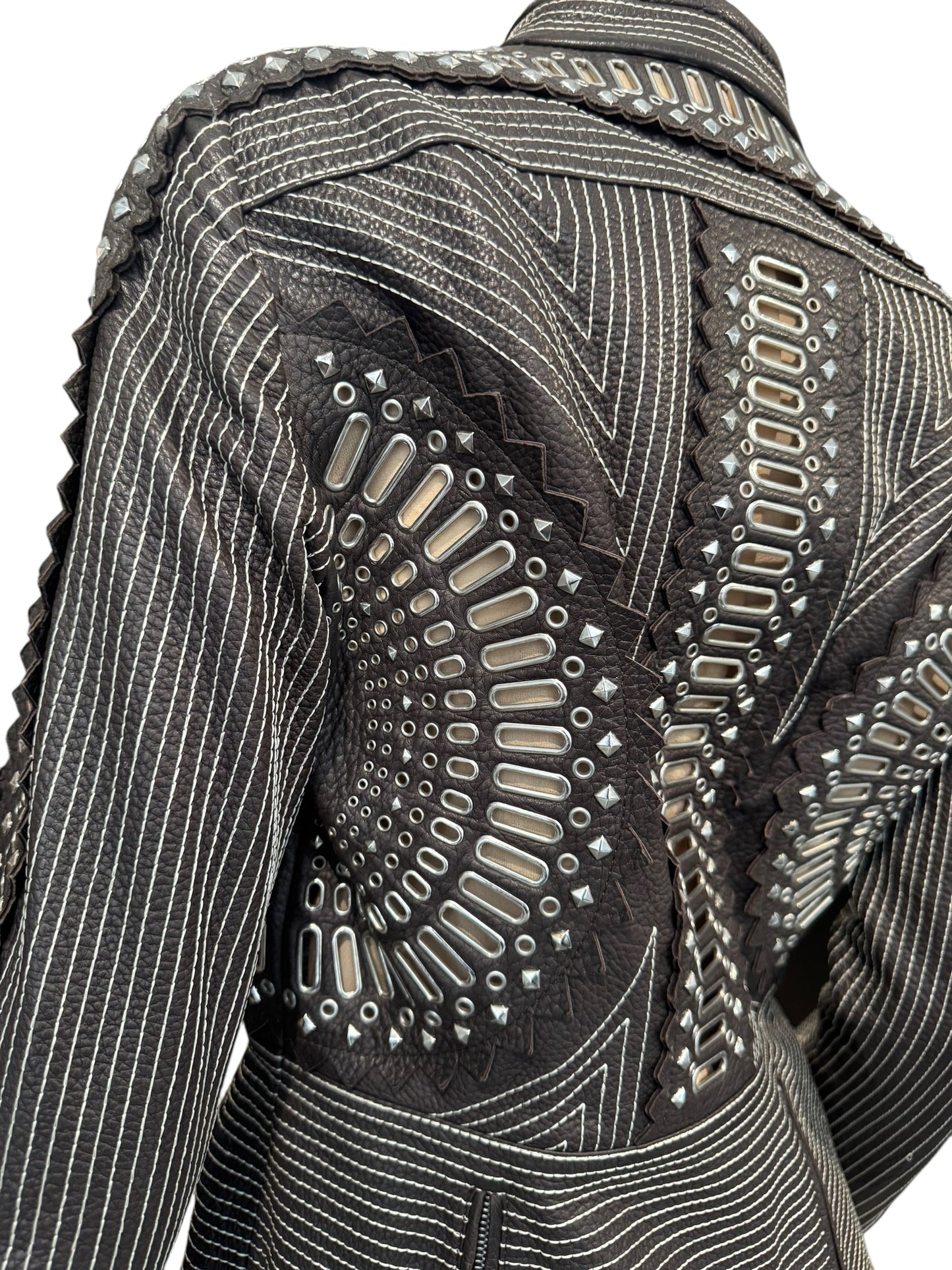GIANFRANCO FERRE SS2004 DARK BROWN LEATHER GROMMET & STUD EMBELLISHED JACKET