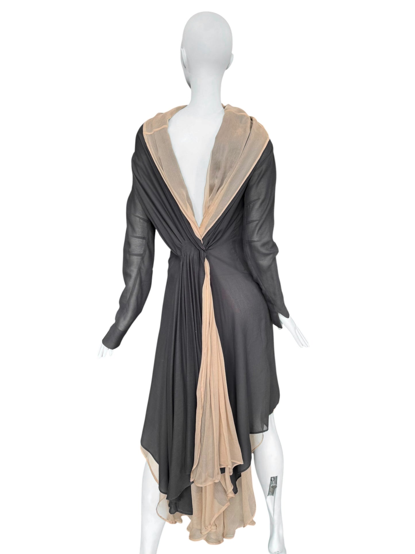 GUSTAVO LINS HAUTE COUTURE SS2009 DARK GREY & BEIGE SILK LAYERED PLEATED MIDI DRESS