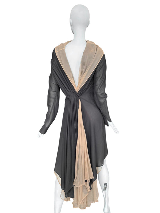 GUSTAVO LINS HAUTE COUTURE SS2009 DARK GREY & BEIGE SILK LAYERED PLEATED MIDI DRESS