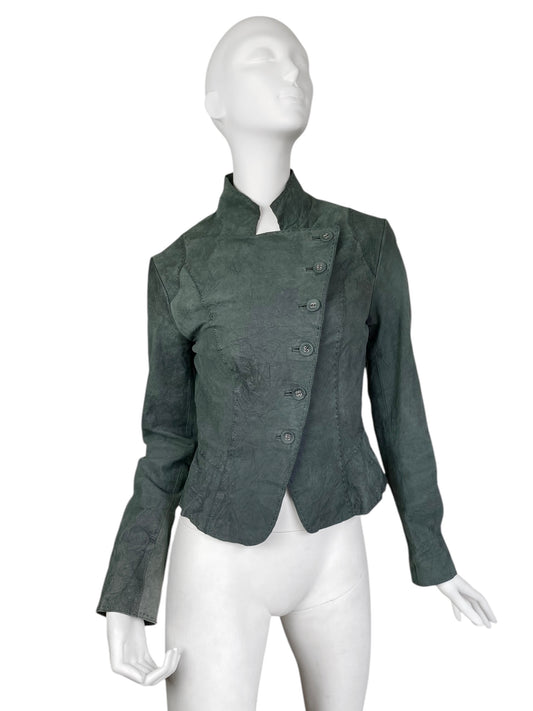 2000s GREYISH GREEN DISTRESS LEATHER CREASED ASYMMETRICAL JACKET