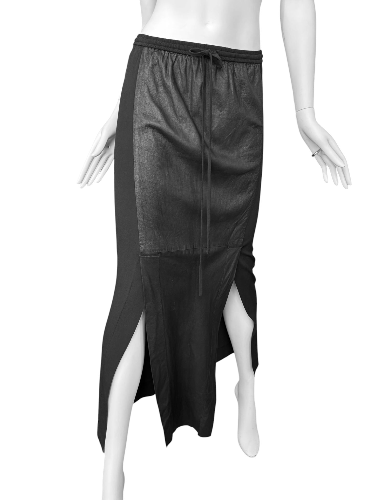ILARIA NISTRI 2010s BLACK LEATHER & SILK MAXI SKIRT