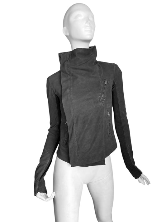 RICK OWENS 2000s GREY LEATHER HIGH COLLAR ZIP JACKET