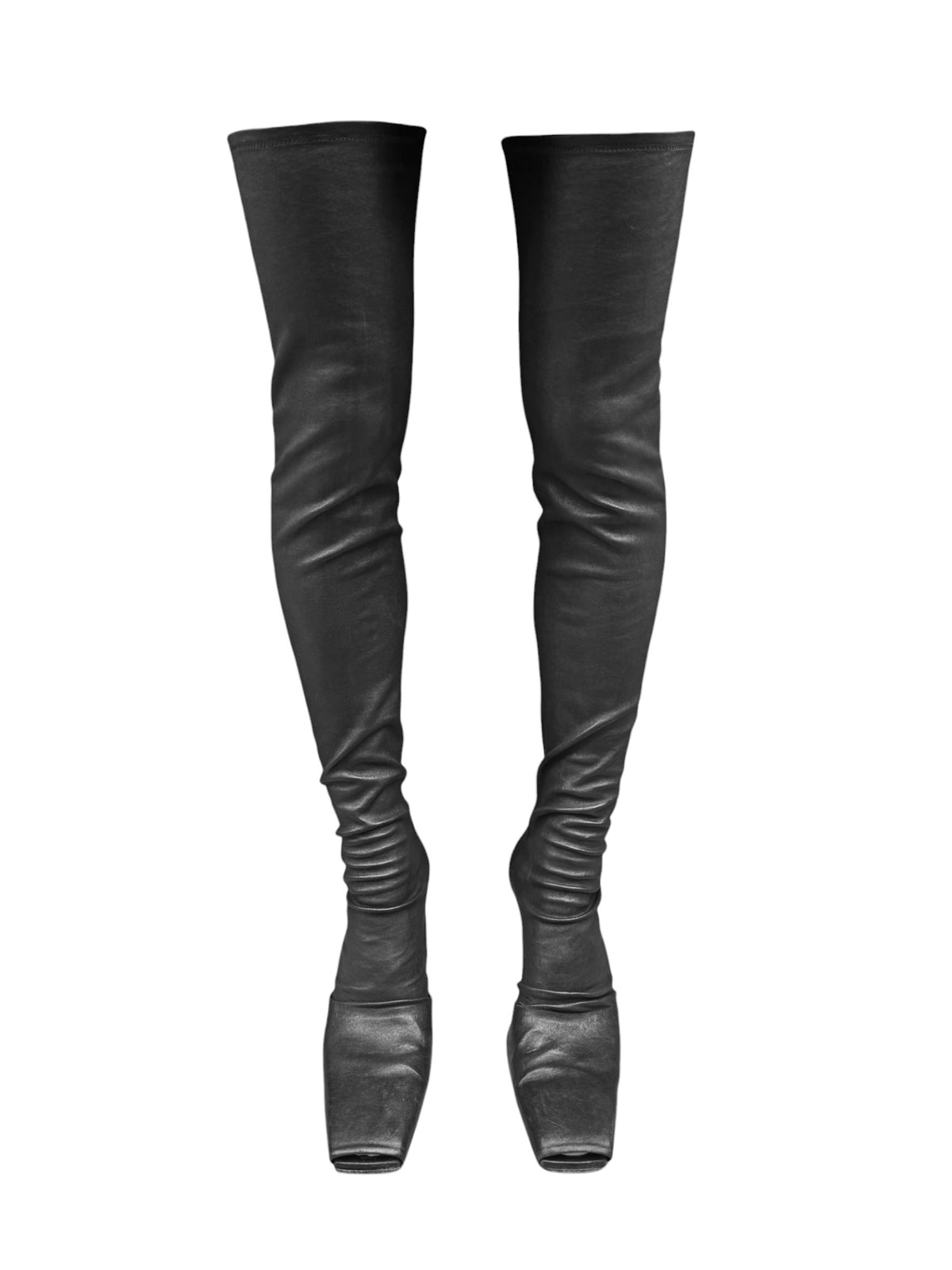 RICK OWENS 2020s BLACK LEATHER CANTILEVER TIGH-HIGH BOOTS