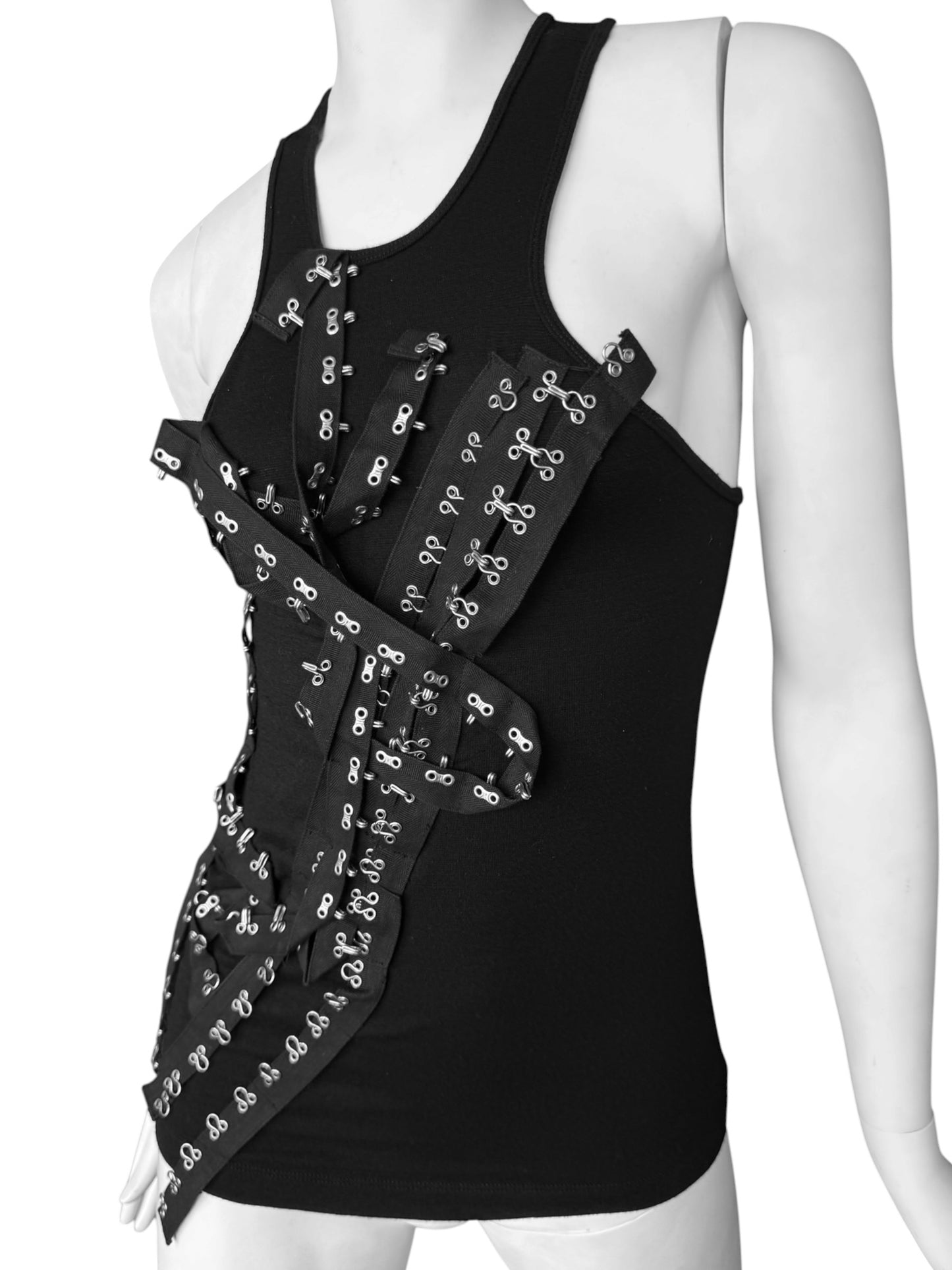 PLEIN SUD JEANS FW2003 BLACK HOOK & EYE STRAP TANK TOP