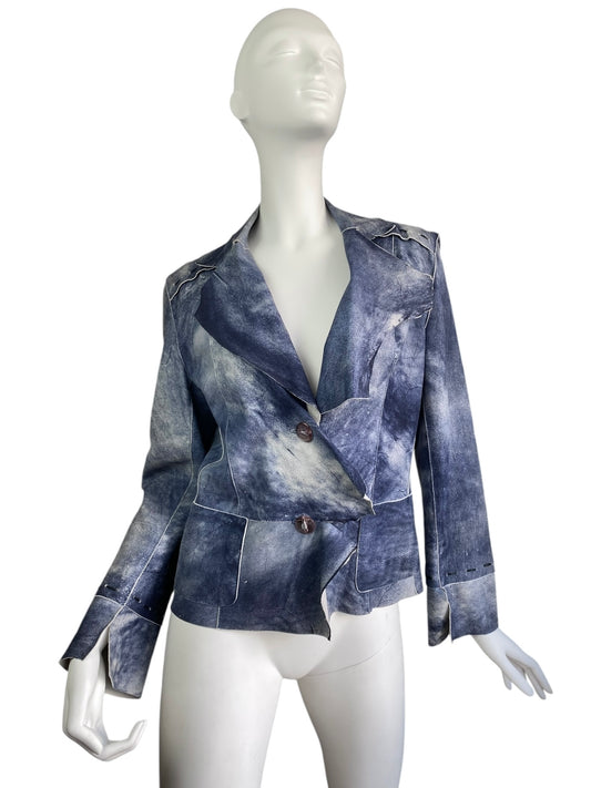 QI-DO 2000s BLUE TIE & DYE DISTRESS LEATHER JACKET