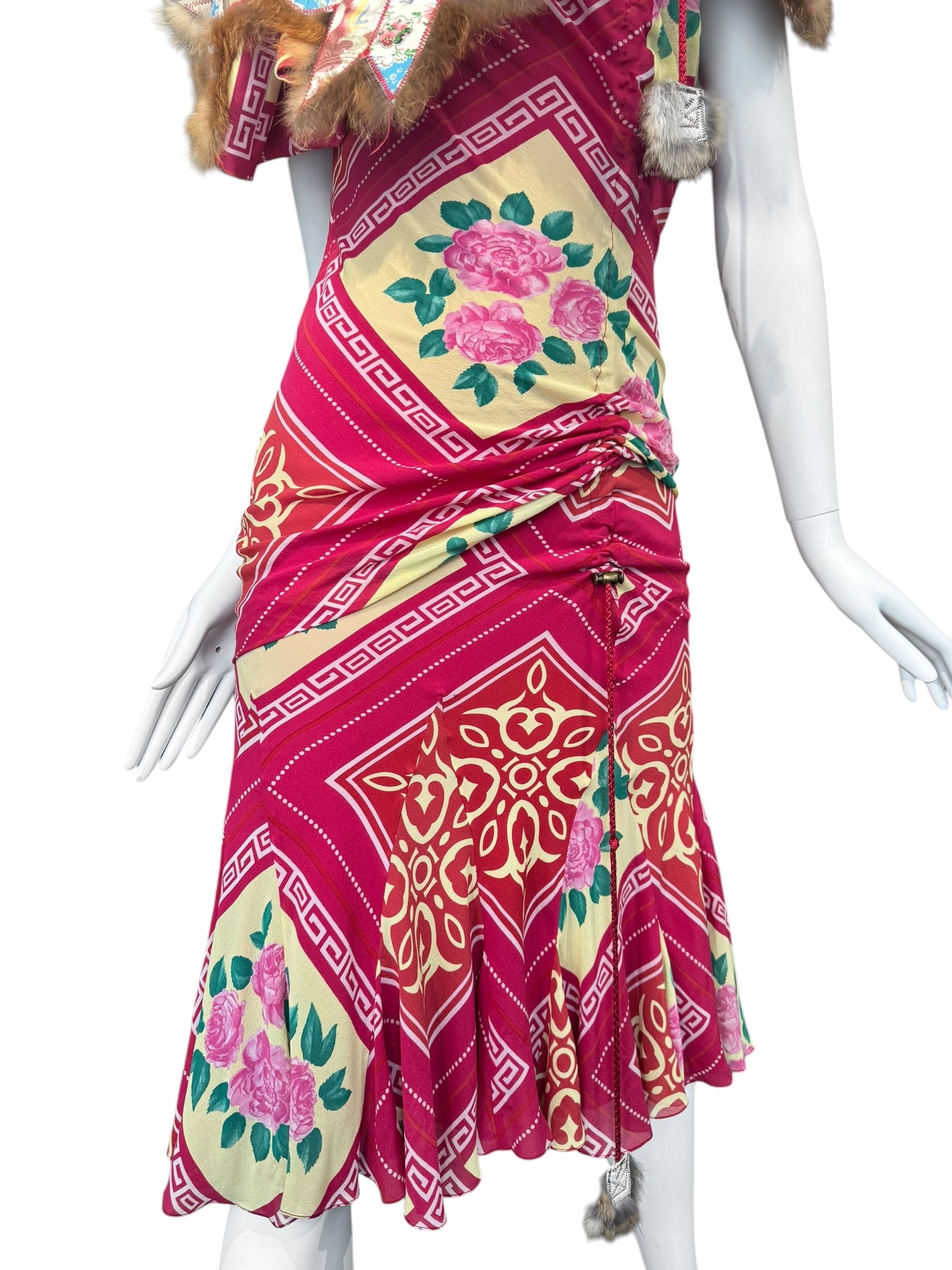 JOHN GALLIANO FW2002 PINK SILK & FUR FOLKLORIC FLORAL PRINT MIDI DRESS