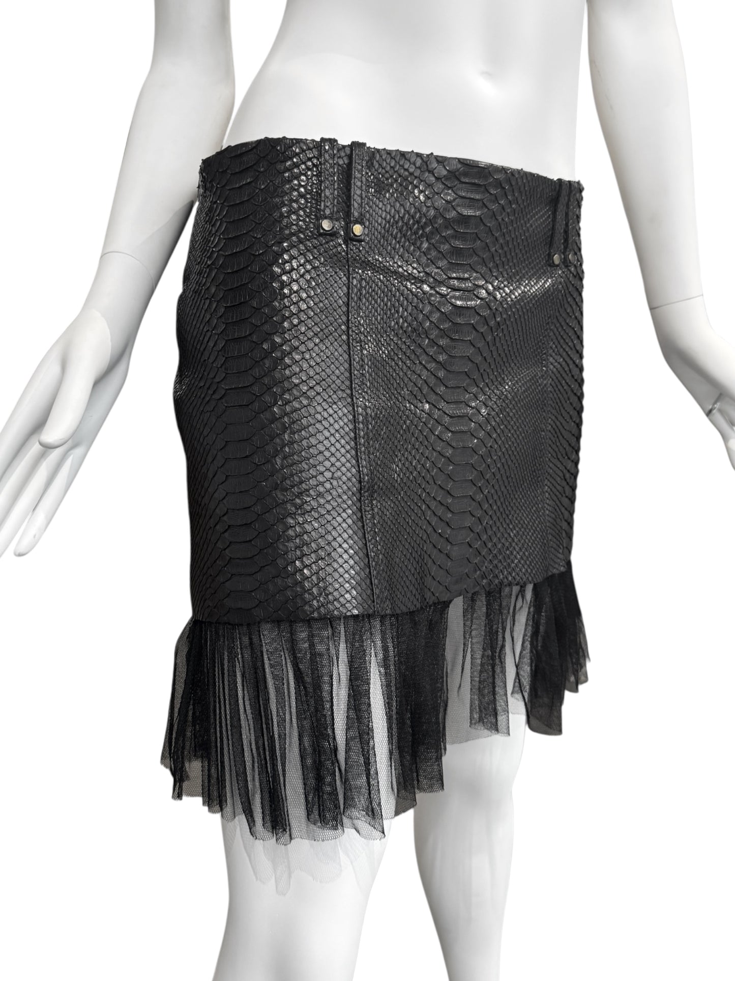 PLEIN SUD SS2011 BLACK PYTHON LEATHER TULLE HEM MINI SKIRT