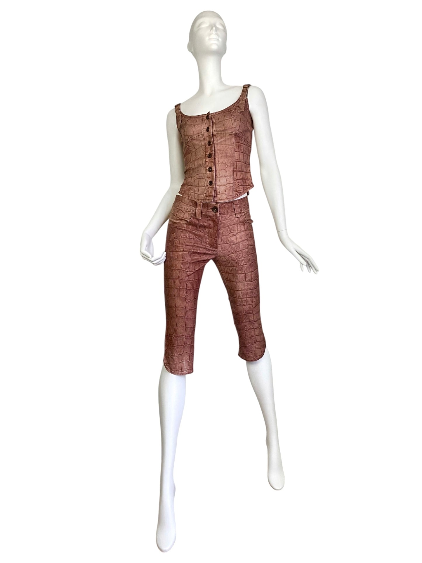 PLEIN SUD JEANS 2000s COPPER LEATHER CROCODILE EMBOSSED 2p. SET (CORSET + CAPRI PANTS)