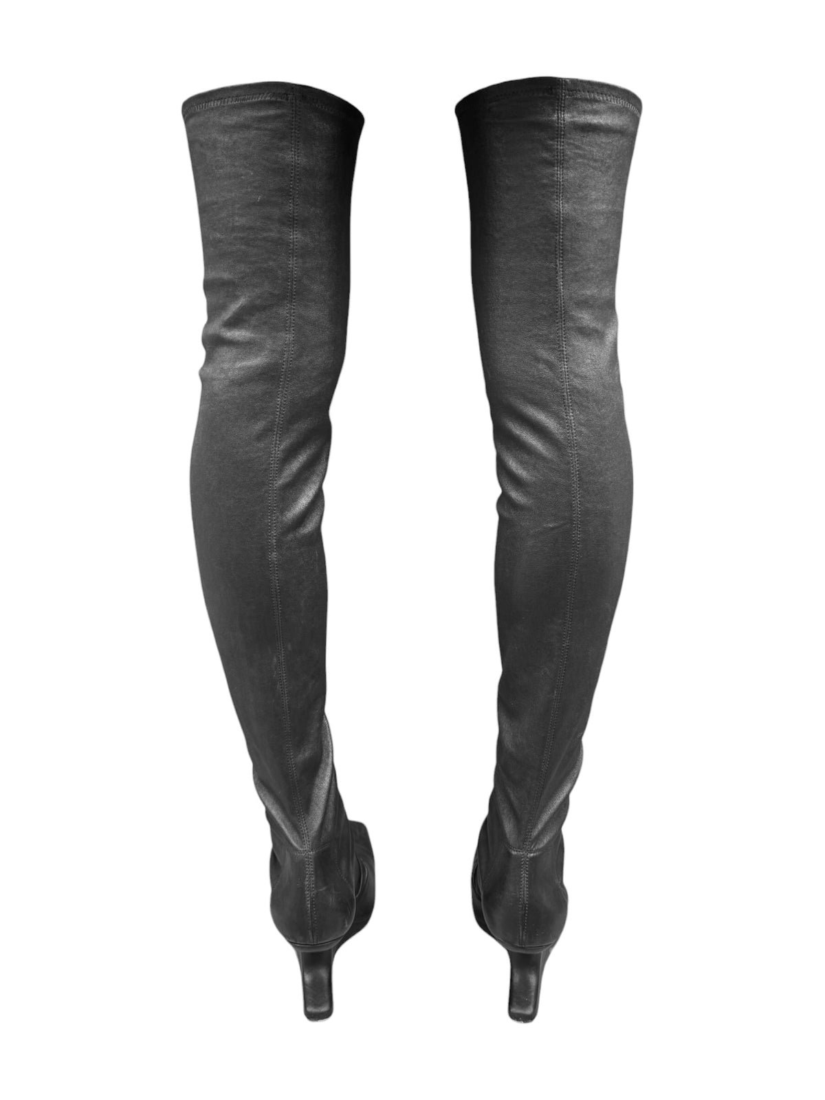 RICK OWENS 2020s BLACK LEATHER CANTILEVER TIGH-HIGH BOOTS