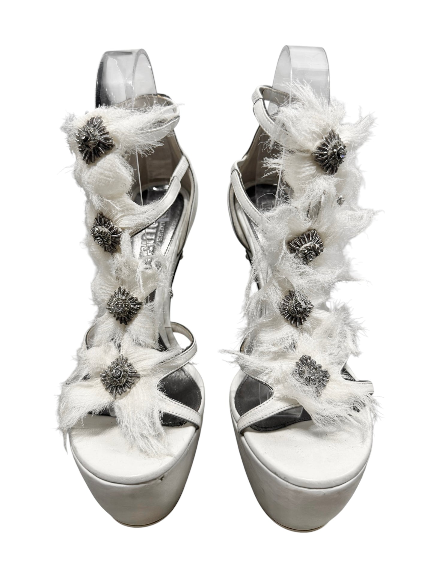 ALEXANDER MCQUEEN FW2011 BY SARAH BURTON WHITE LEATHER, SILK & METAL WEDGE SANDALS