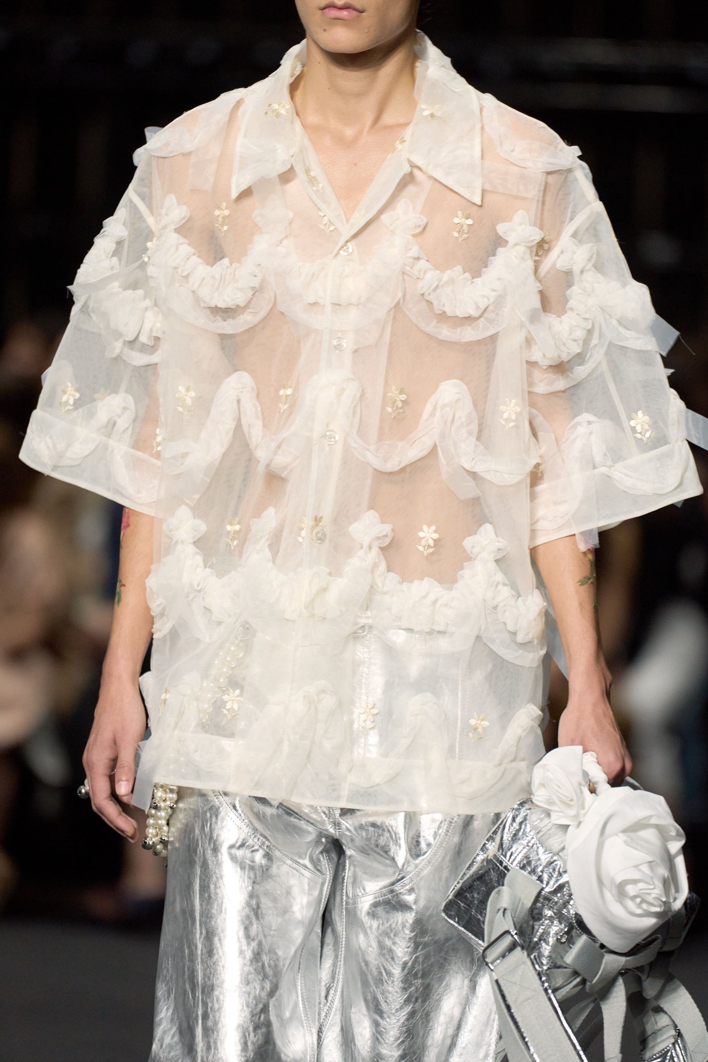 SIMONE ROCHA SS2024 OFF-WHITE TULLE EMBELLISHED OVERSIZE SHIRT
