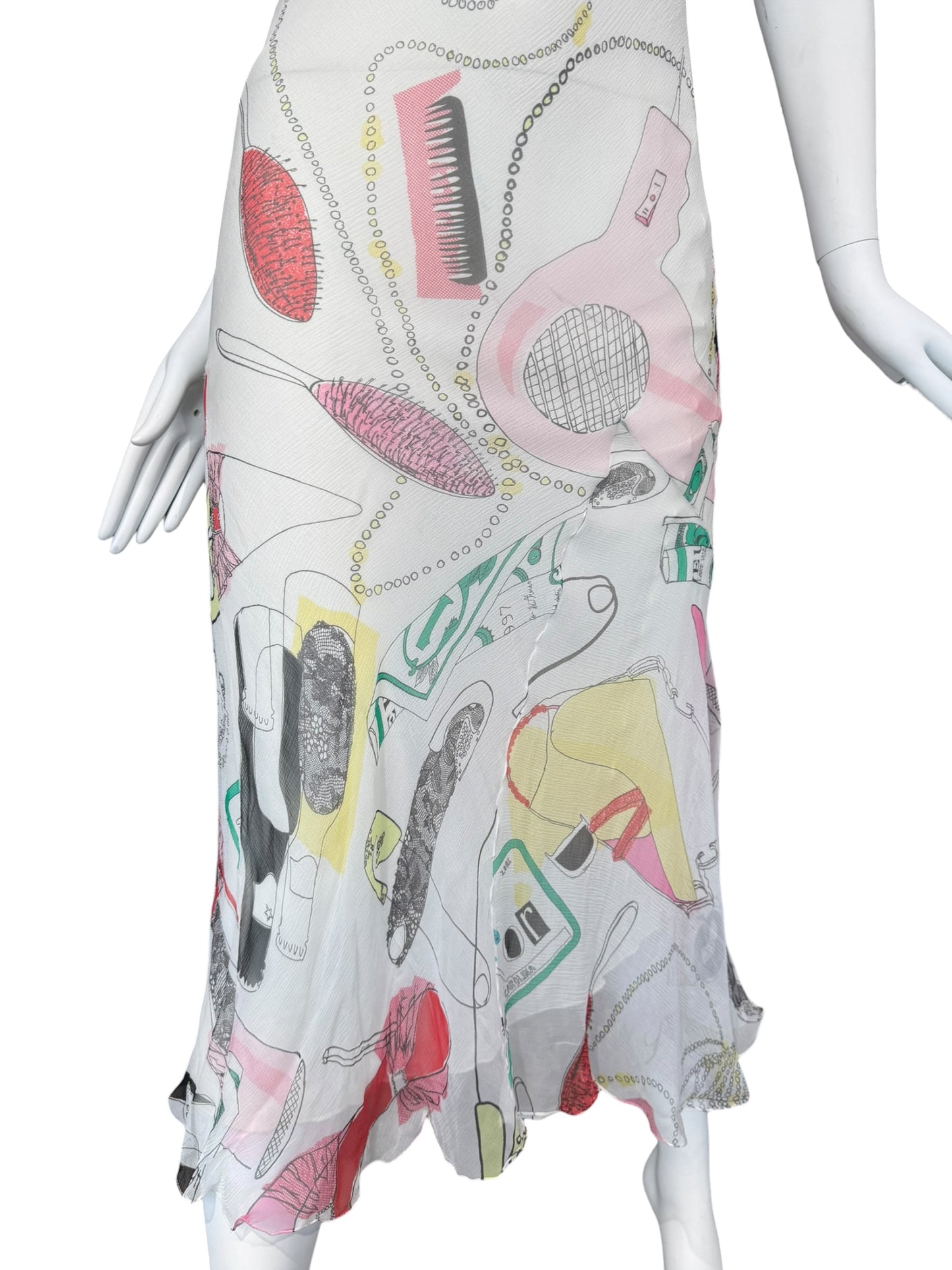 DIOR SS2001 BY JOHN GALLIANO OFF-WHITE SILK KITSCH PRINT MAXI DRESS