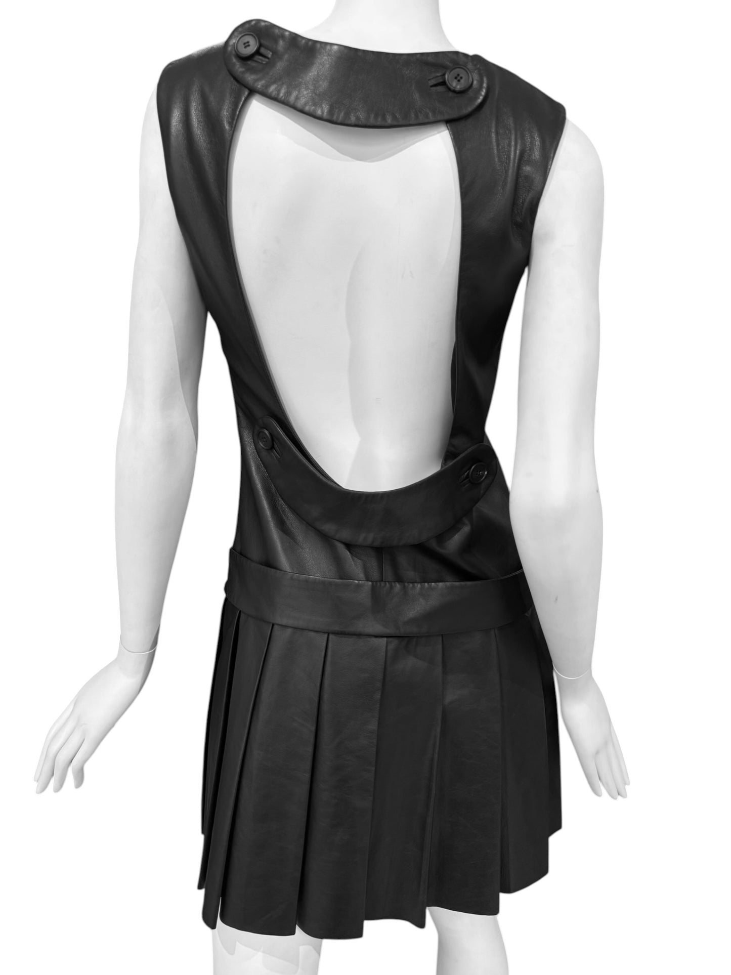 SIMONETTA RAVIZZA 2000s BLACK LEATHER OPEN BACK PLEATED MINI DRESS