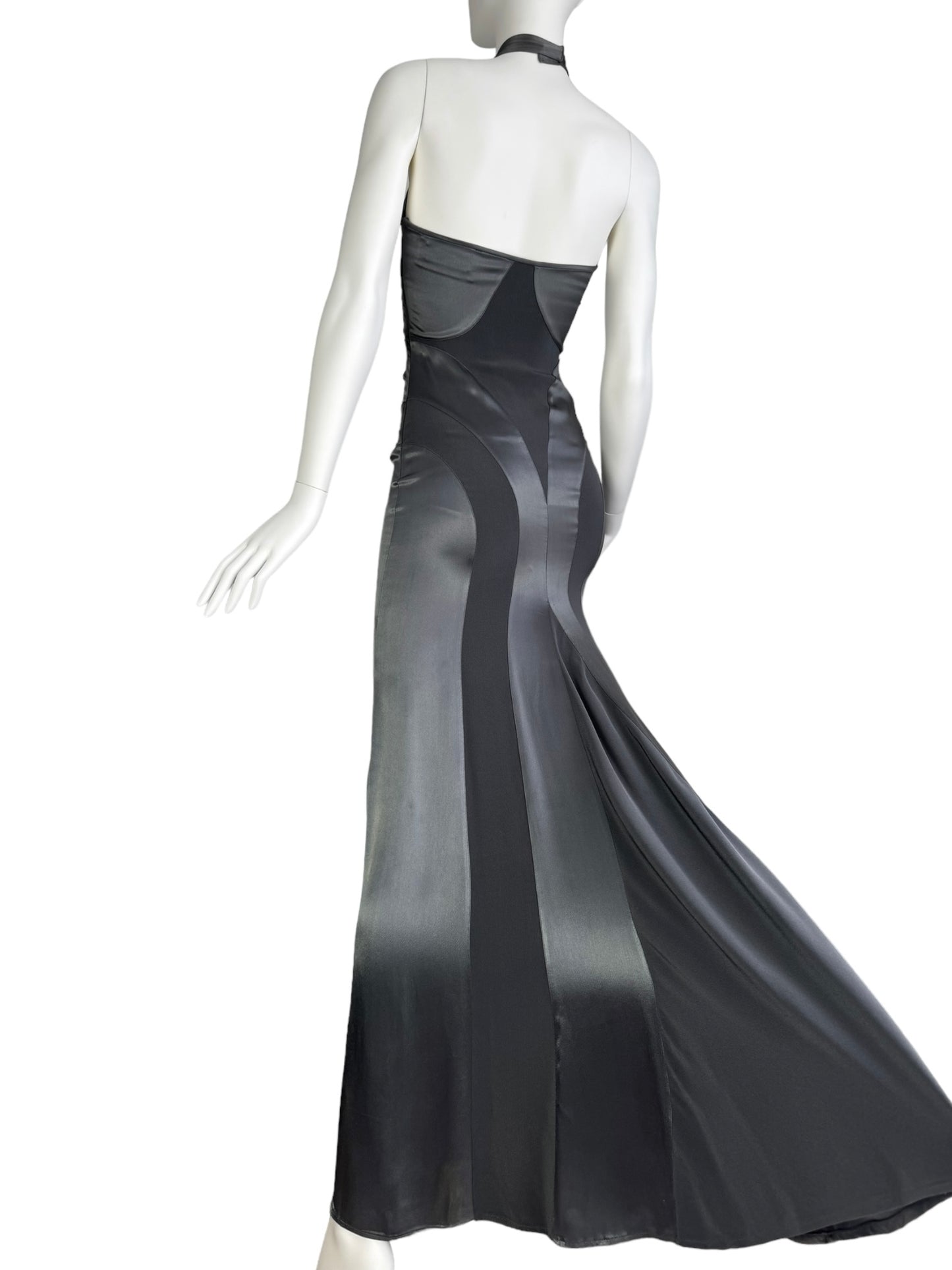 FAYÇAL AMOR SS2003 METALLIC GREY ANATOMICAL HALTERNECK MAXI DRESS