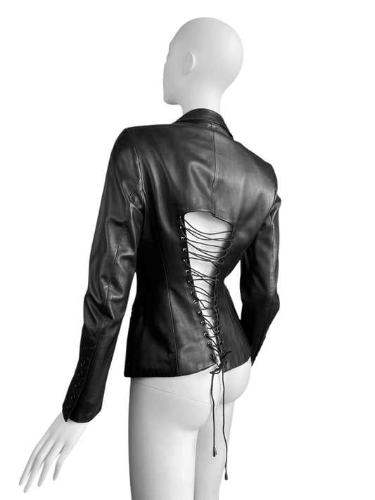 KYUSO 2000s BLACK LEATHER BACK LACED BLAZER